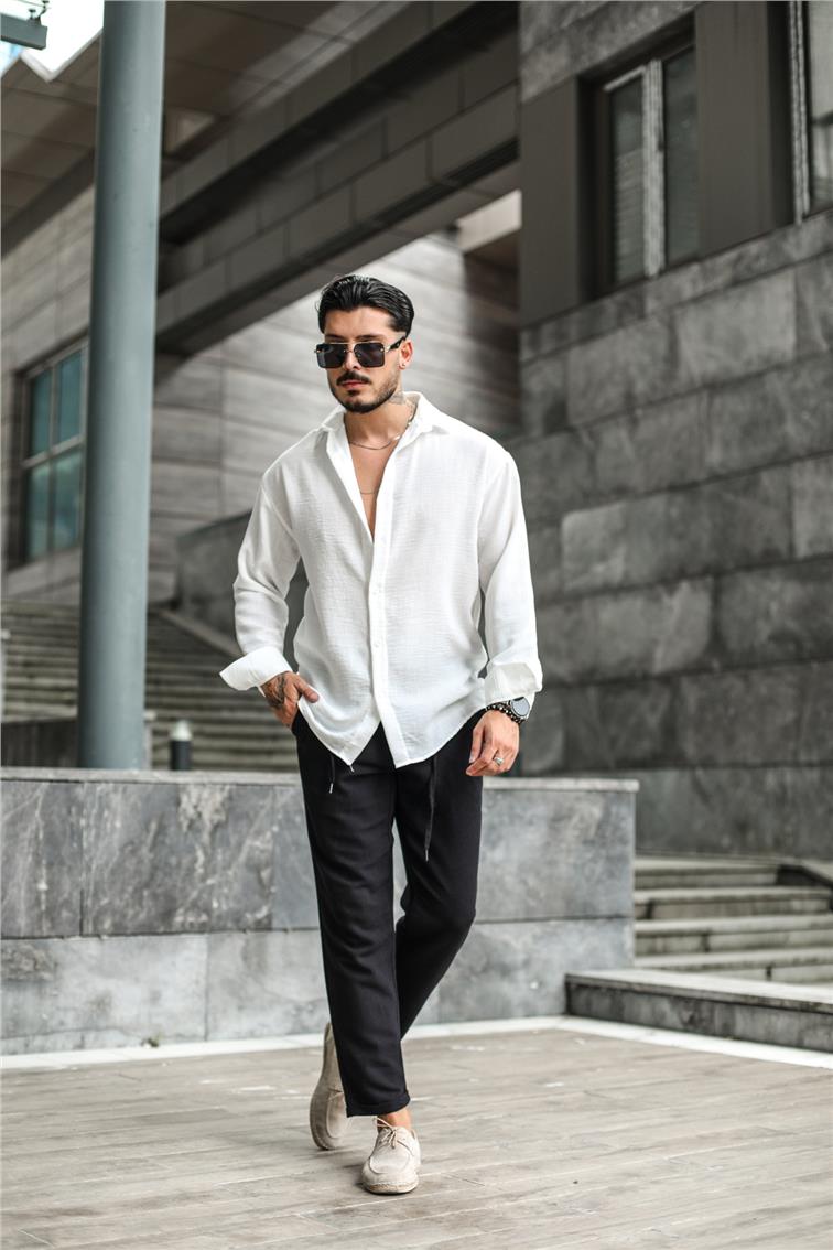 Keten Cepsiz Oversize Gömlek Beyaz