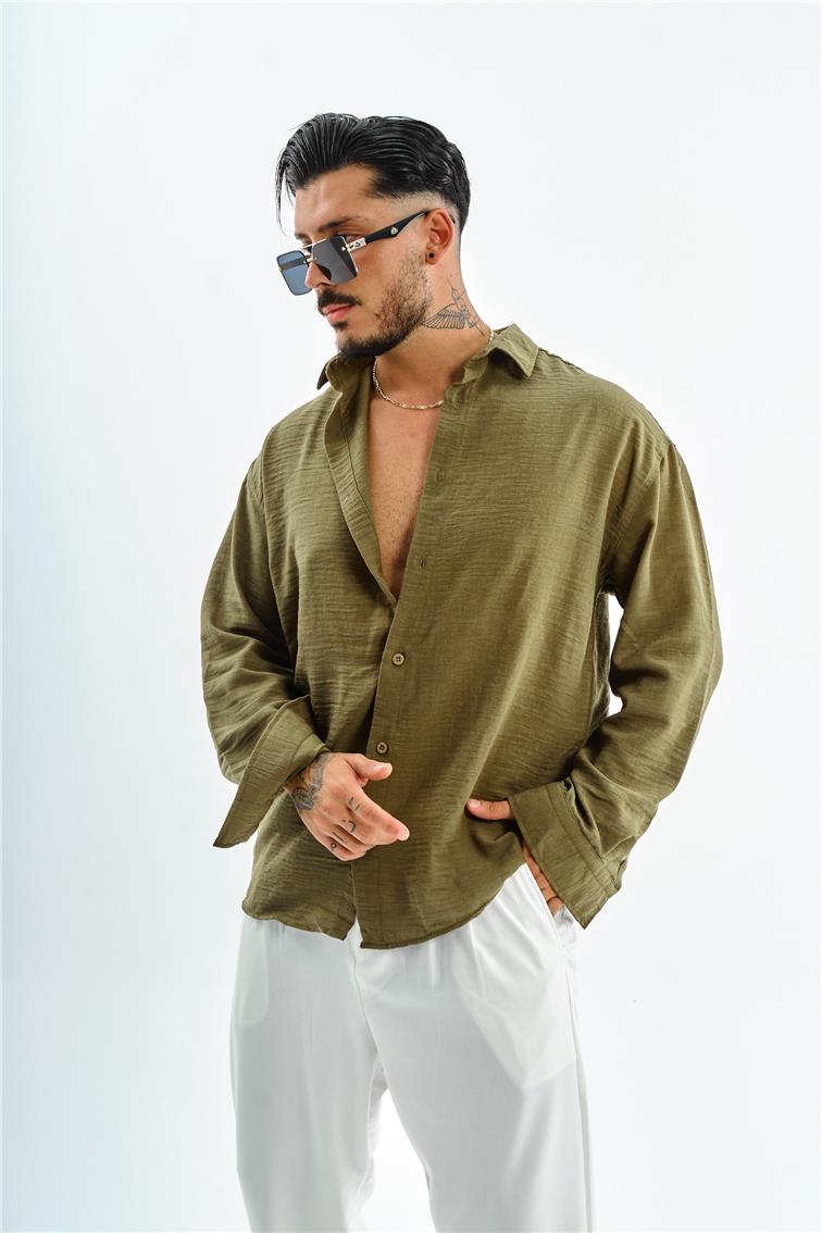 Keten Cepsiz Oversize Gömlek Haki