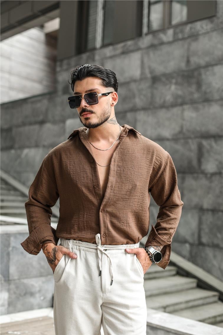 Keten Cepsiz Oversize Gömlek Kahve