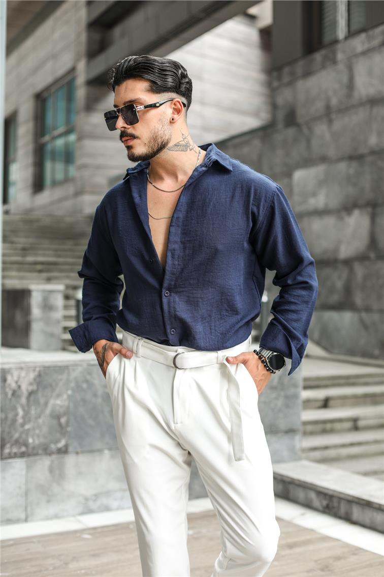 Keten Cepsiz Oversize Gömlek Lacivert