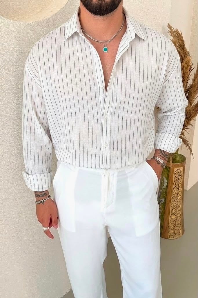 Keten Çizgili Oversize Gömlek Beyaz