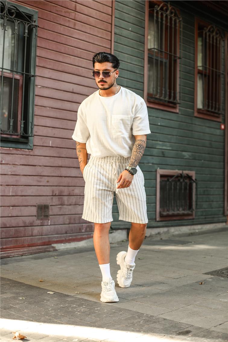 Keten Dik Çizgili Şort Siyah-Krem