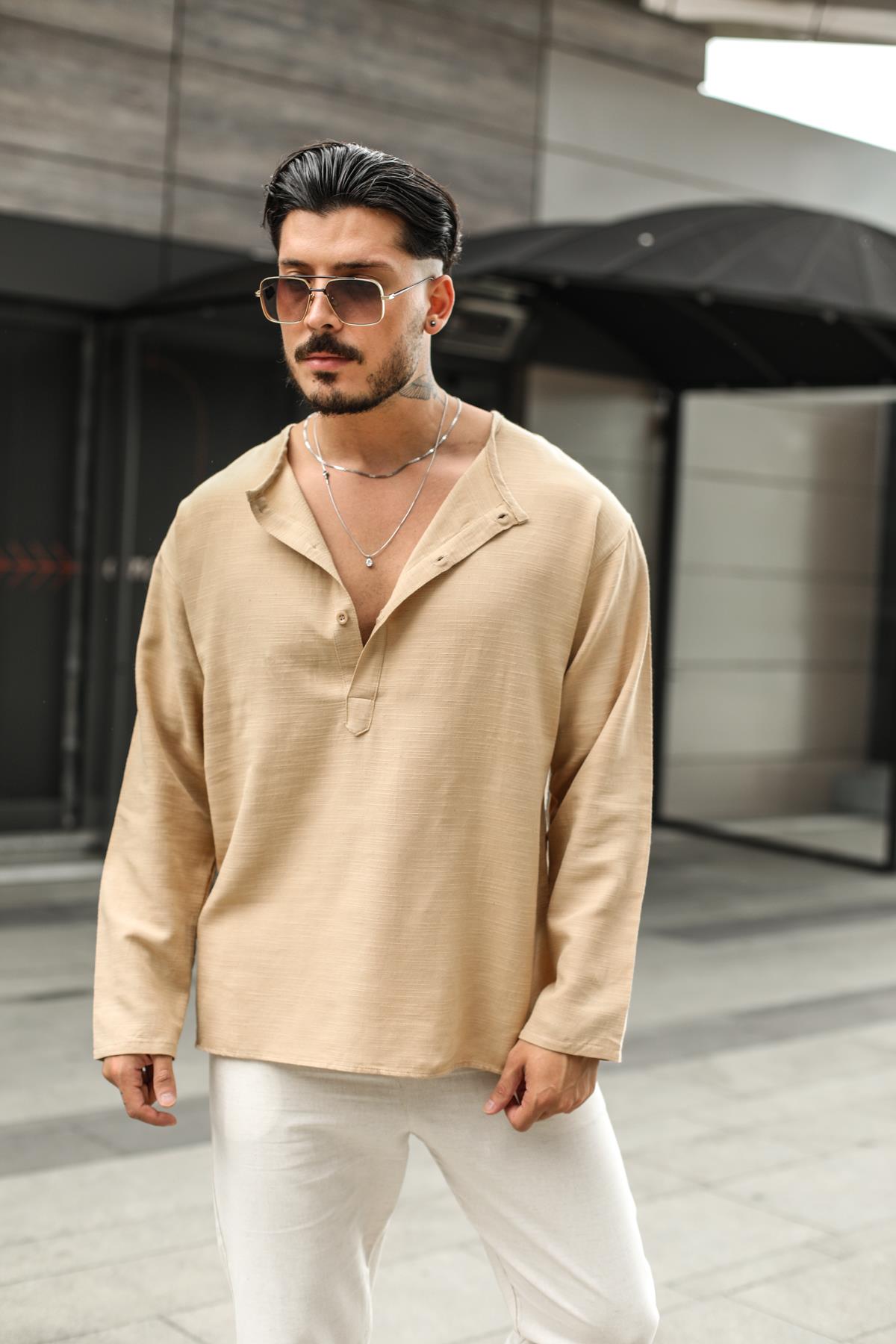 Keten Düğme Patlı Uzun Kollu T-Shirt Bej