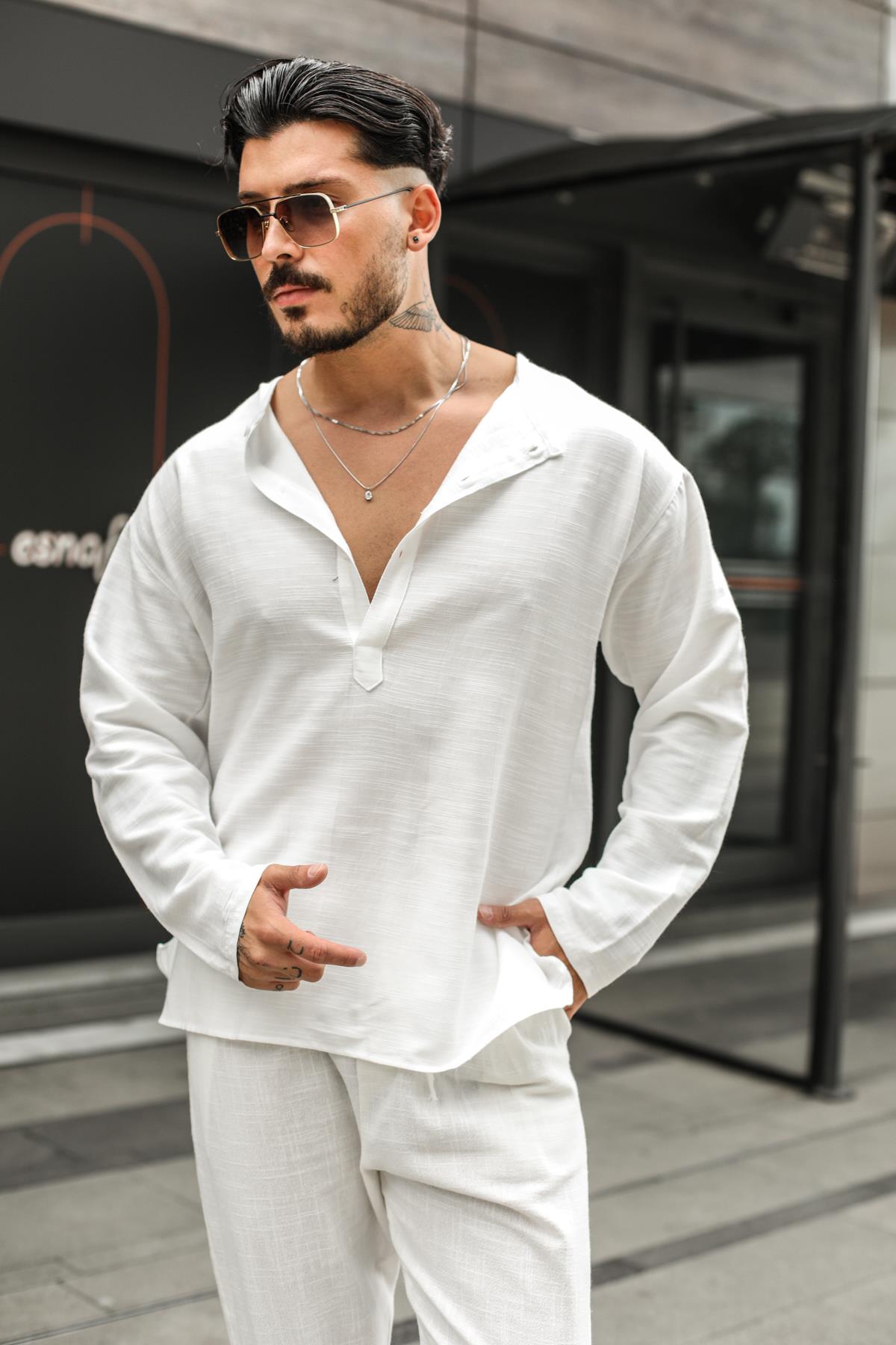 Keten Düğme Patlı Uzun Kollu T-Shirt Beyaz