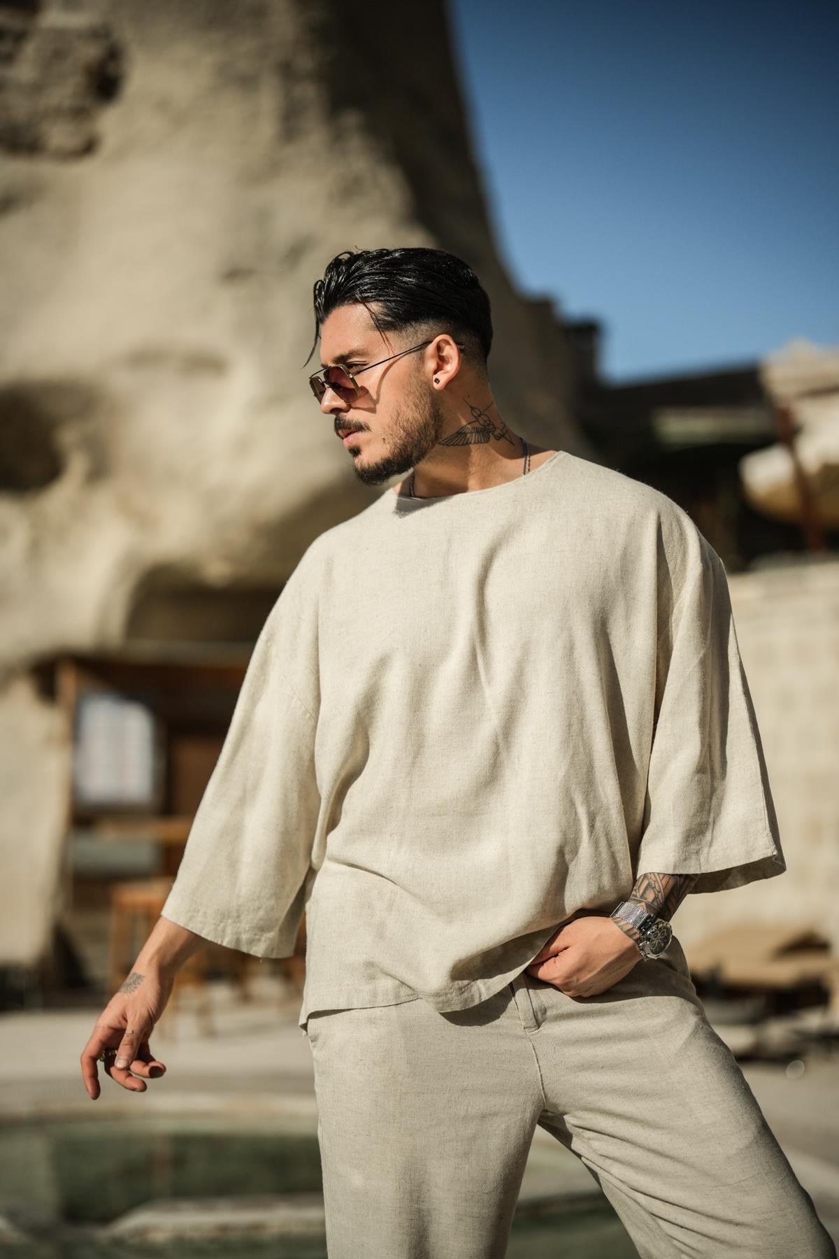 Keten Fakir Kol Oversize T-shirt Bej