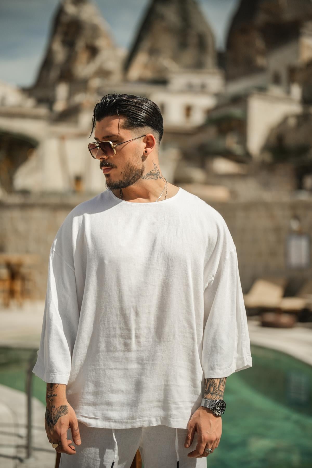 Keten Fakir Kol Oversize T-shirt Beyaz