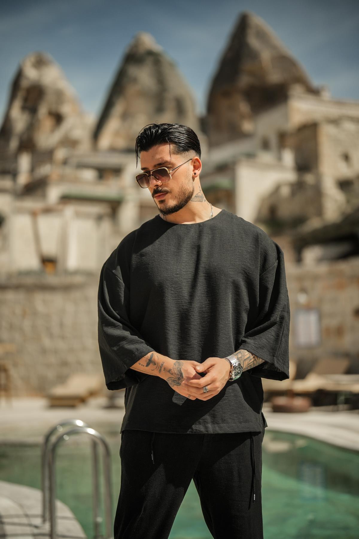 Keten Fakir Kol Oversize T-shirt Siyah