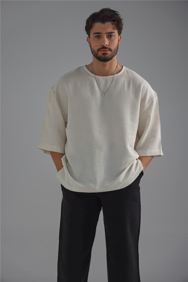 Keten Fakir Kol T-Shirt Kırık Beyaz
