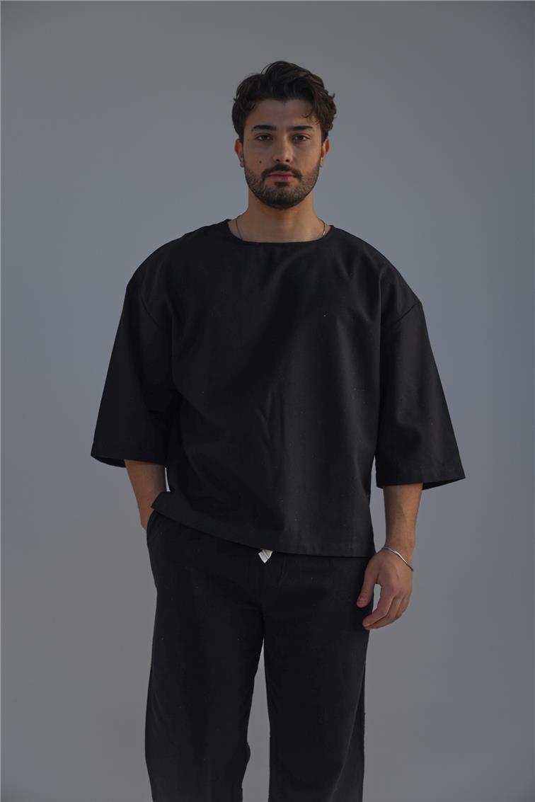 Keten Fakir Kol T-Shirt Siyah