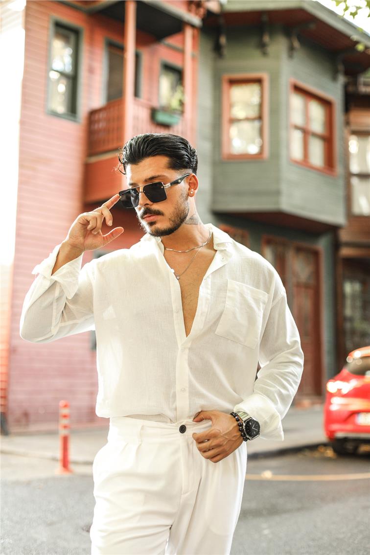 Keten İnce Basic Uzun Kollu Gömlek Beyaz