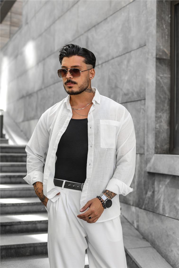 Keten İnce Tek Cepli Gömlek Beyaz