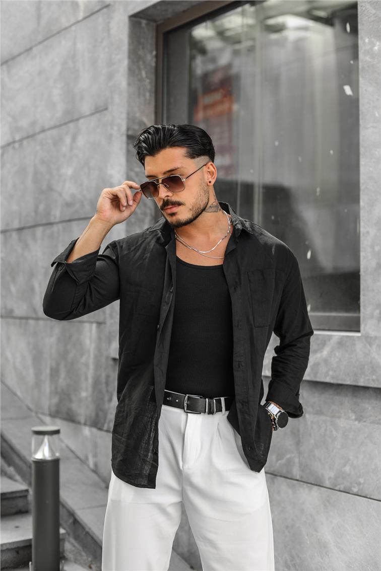 Keten İnce Tek Cepli Gömlek Siyah