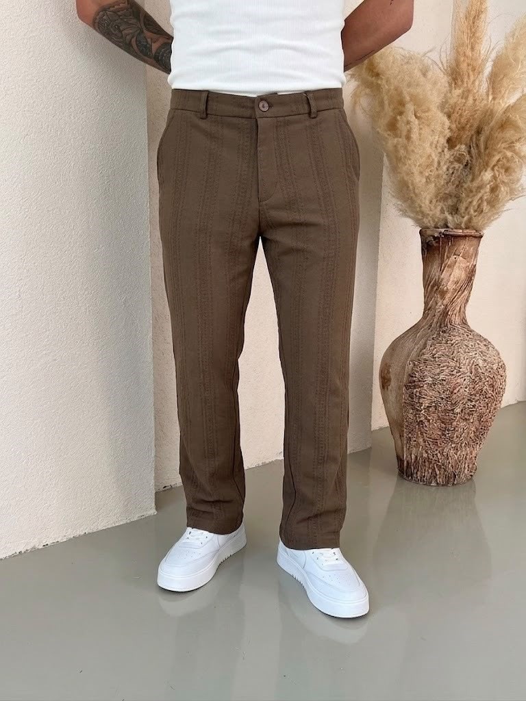 Keten İşlemeli Baggy Pantolon Kahve