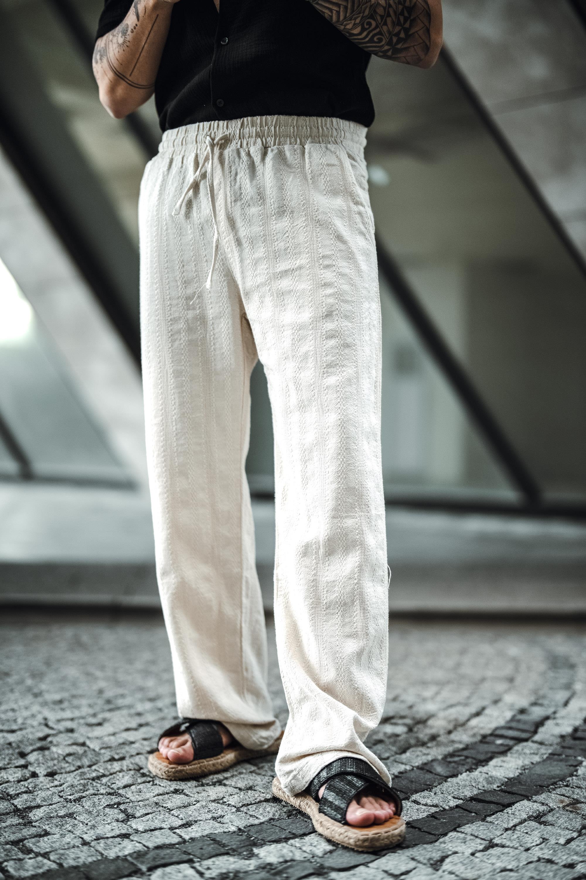 Keten İşlemeli Baggy Pantolon Krem