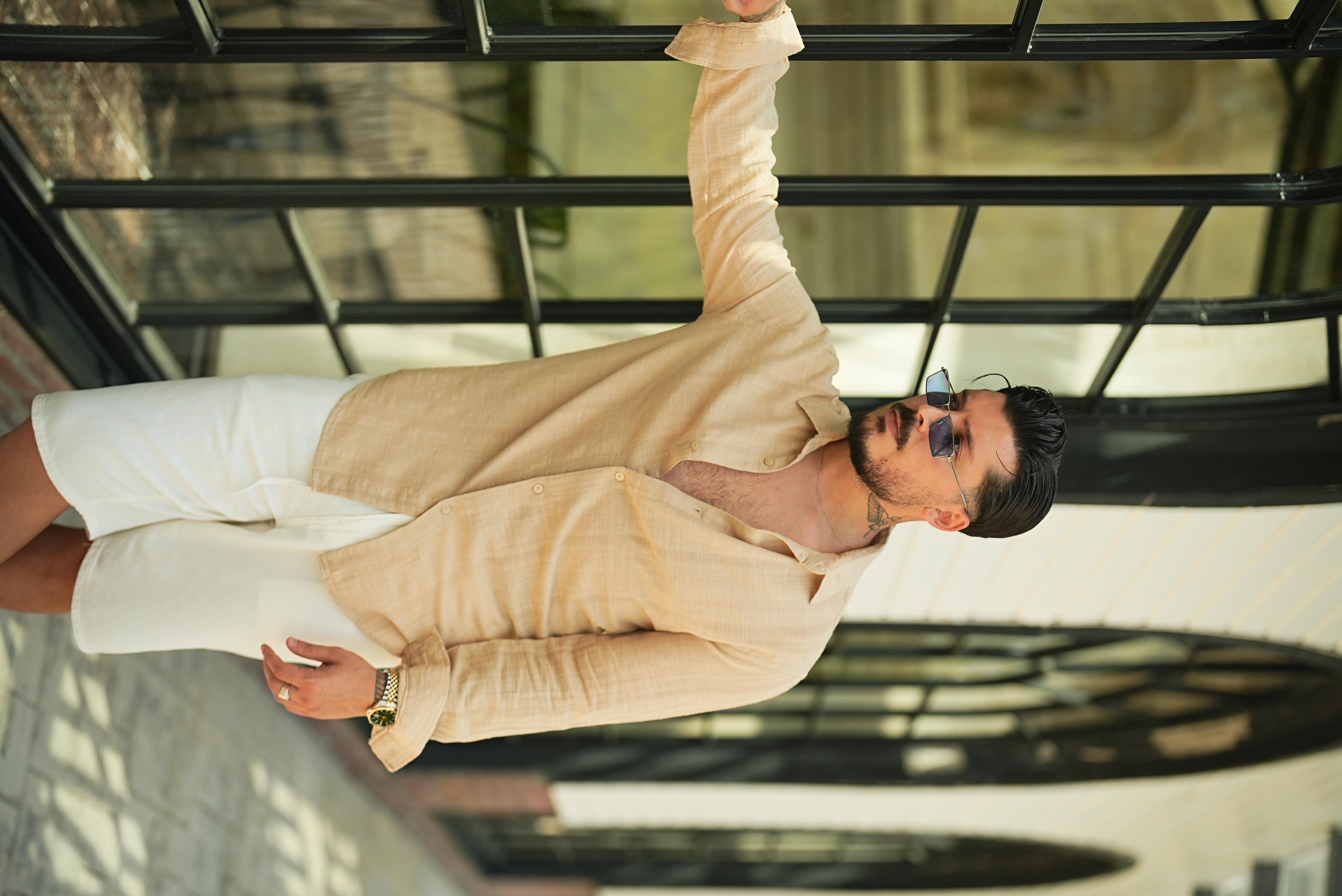 Keten İşlemeli Bol Kalıp Gömlek Bej