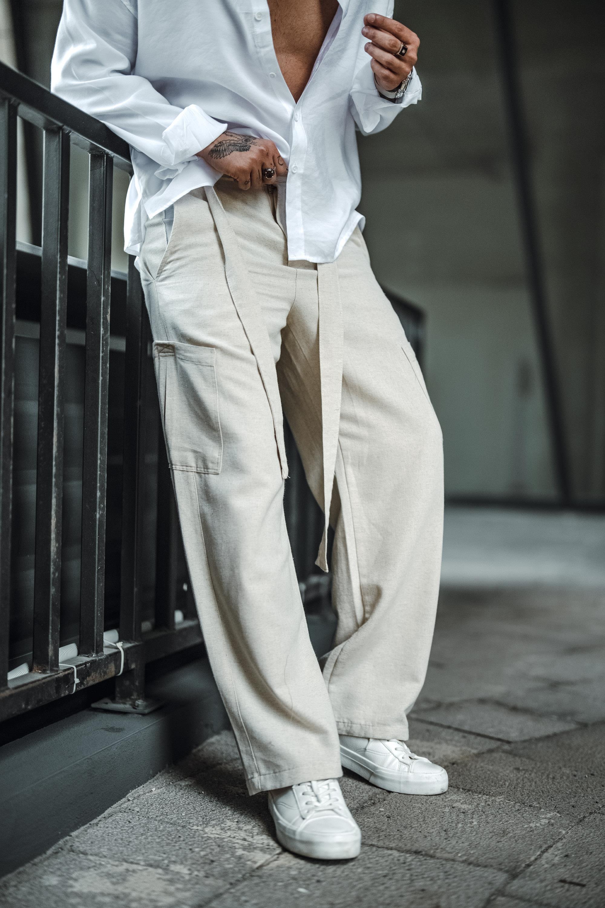 Keten Kuşaklı Baggy Pantolon Bej