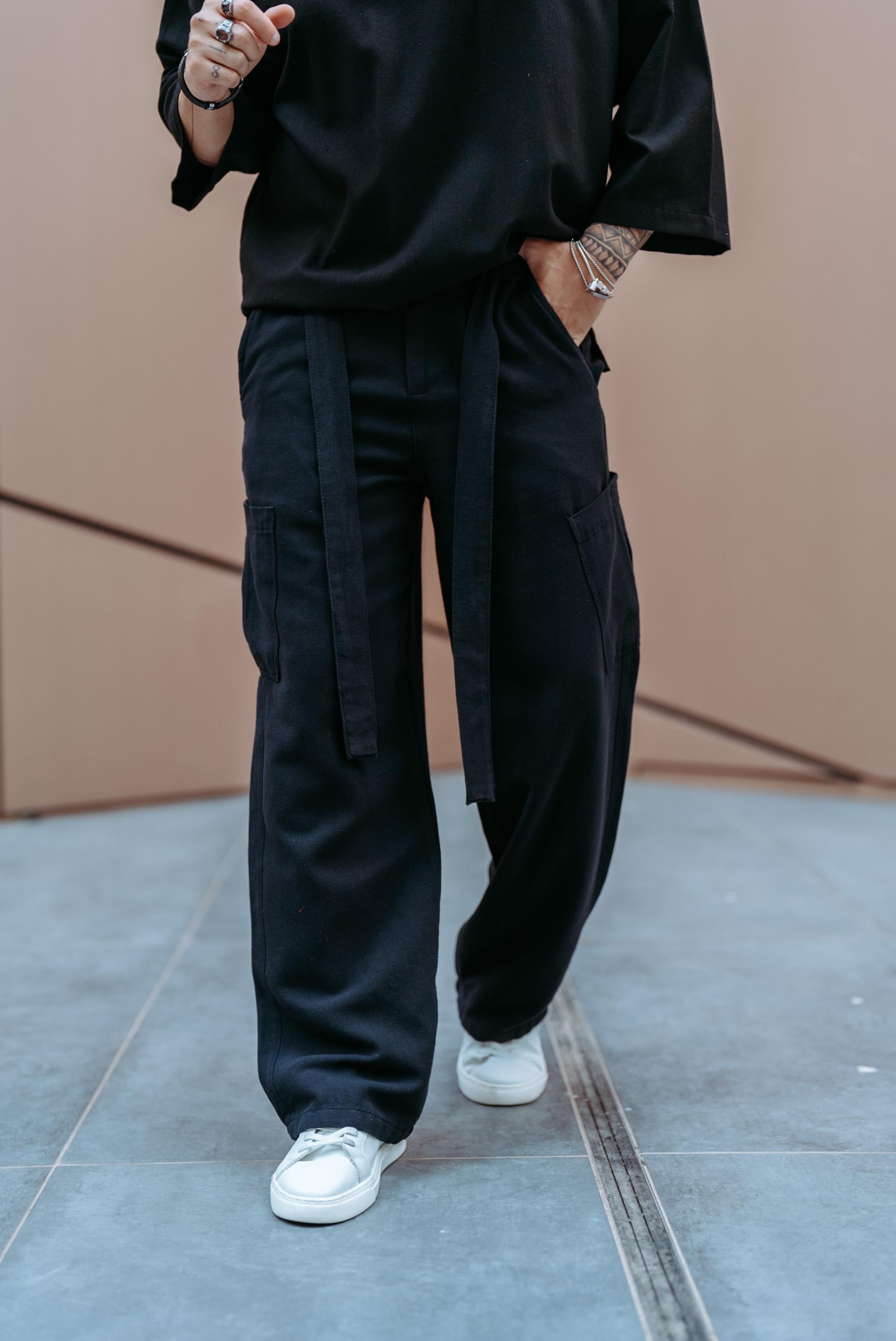 Keten Kuşaklı Baggy Pantolon Siyah