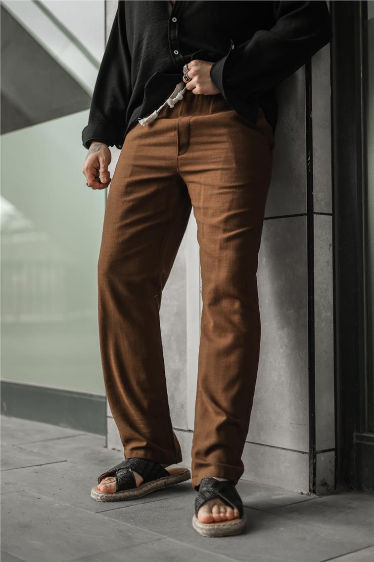 Keten Örgü İpli Baggy Pantolon Kahve