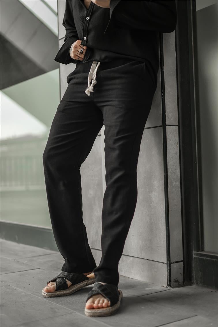 Keten Örgü İpli Baggy Pantolon Siyah