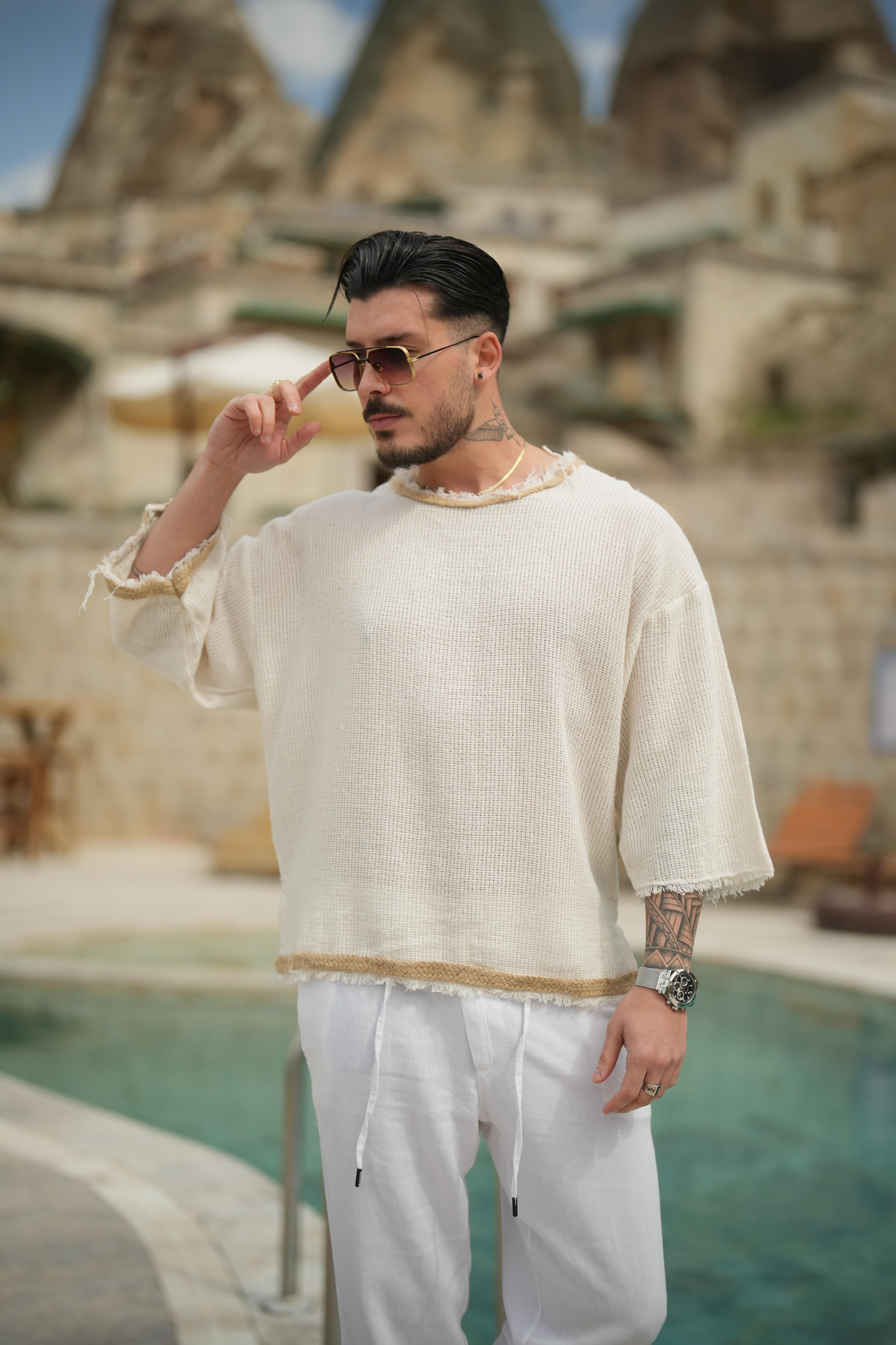 Keten Örme Detaylı Oversize T-Shirt Krem