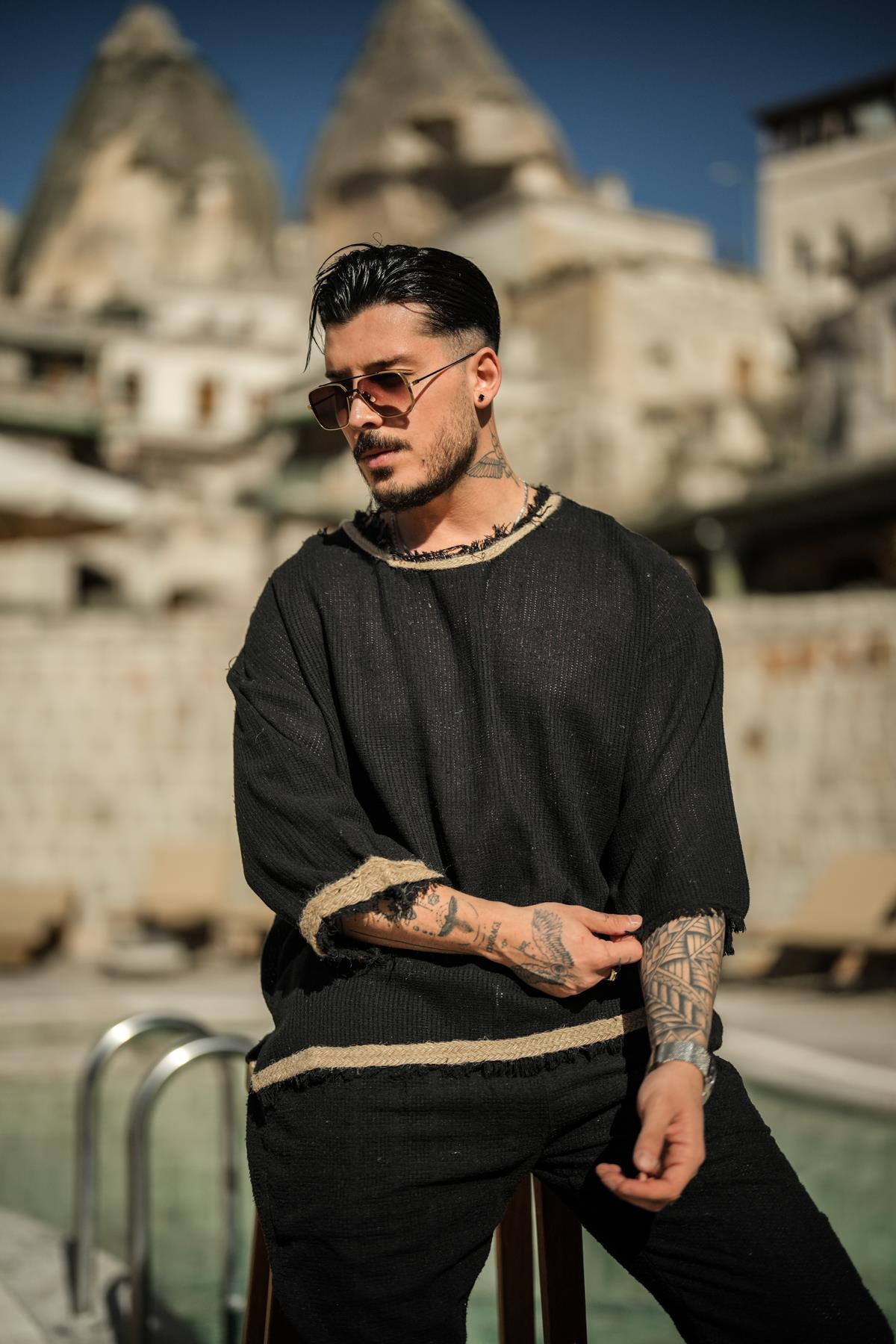 Keten Örme Detaylı Oversize T-Shirt Siyah