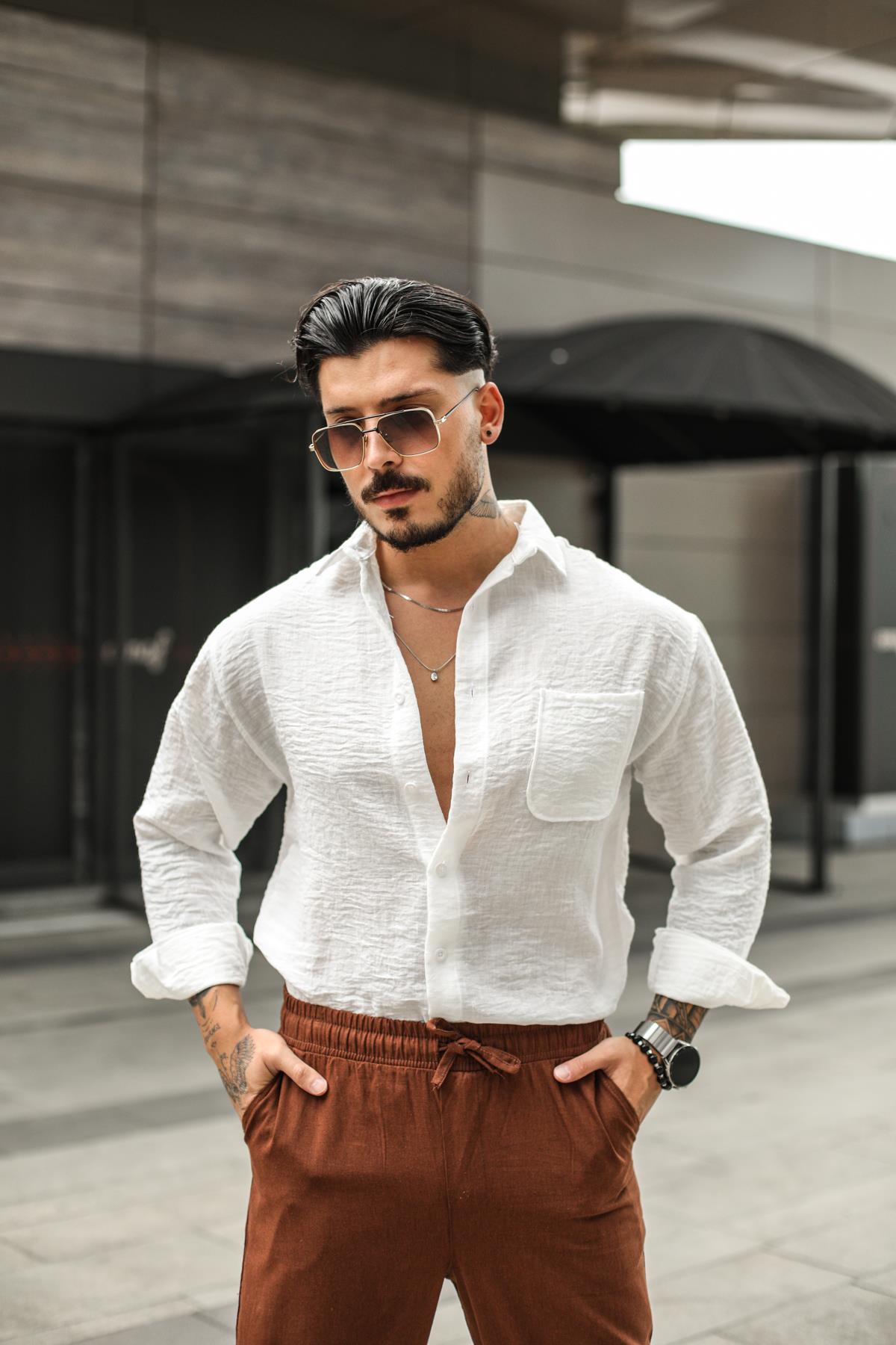 Keten Oval Cep Detaylı Oversize Gömlek Beyaz