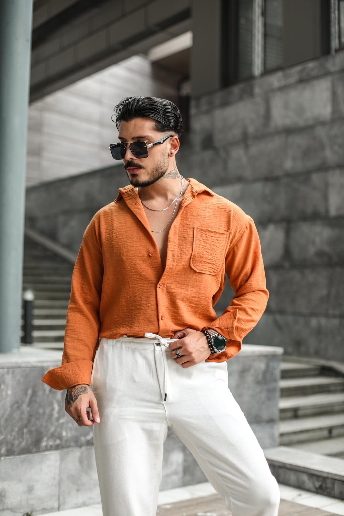 Keten Oval Cep Detaylı Oversize Gömlek Orange