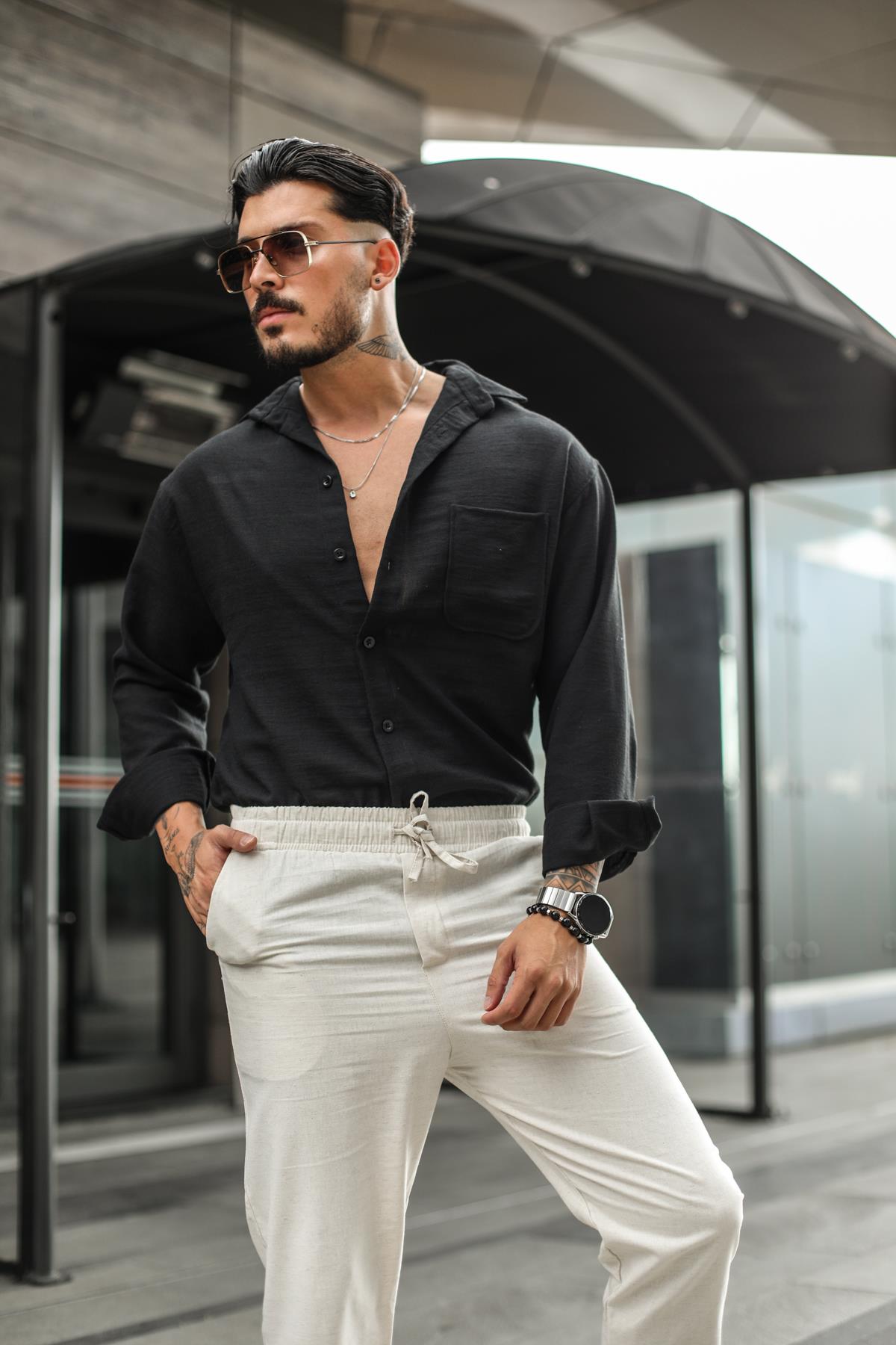 Keten Oval Cep Detaylı Oversize Gömlek Siyah