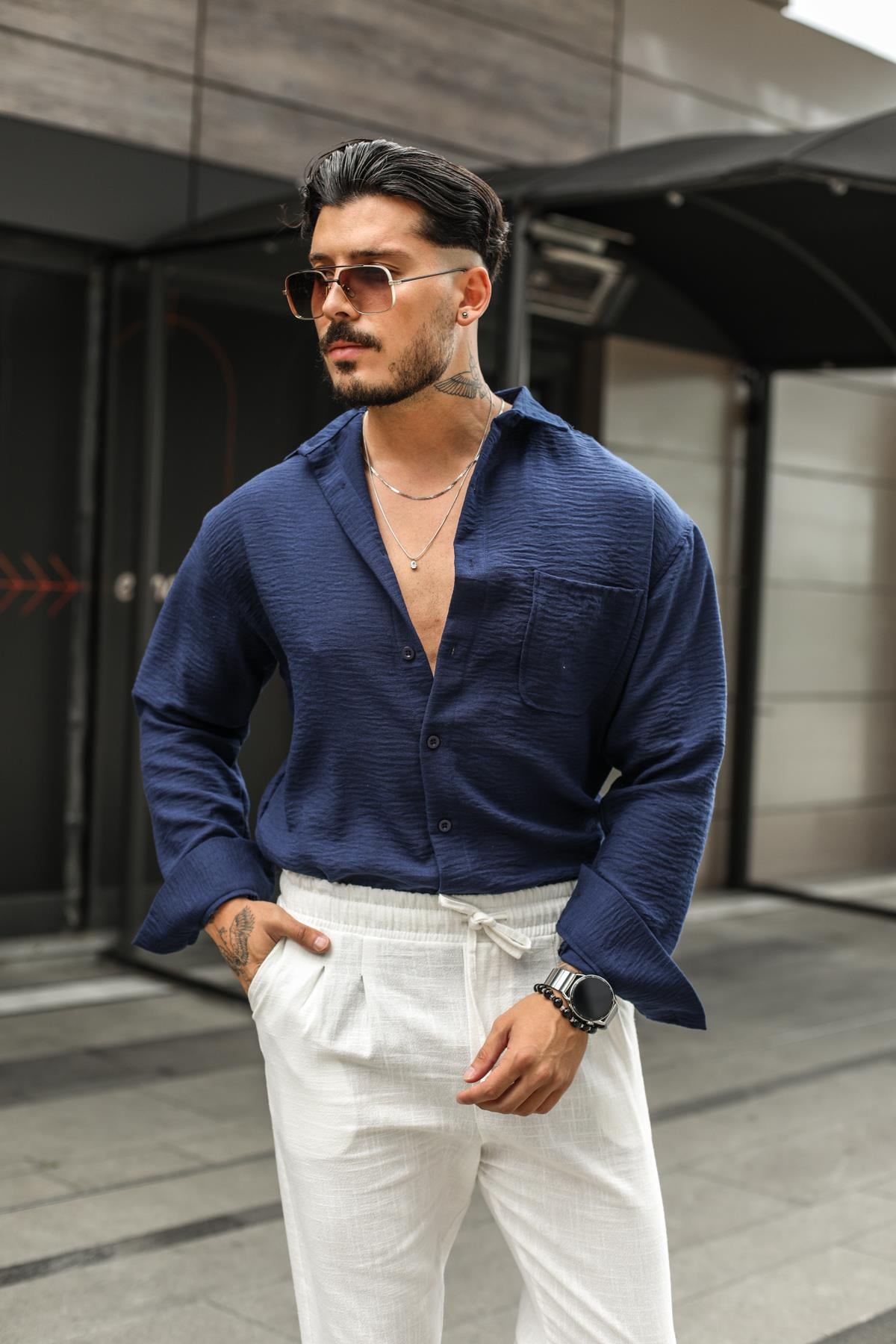 Keten Oval Cep Detaylı Oversize Gömlek Lacivert
