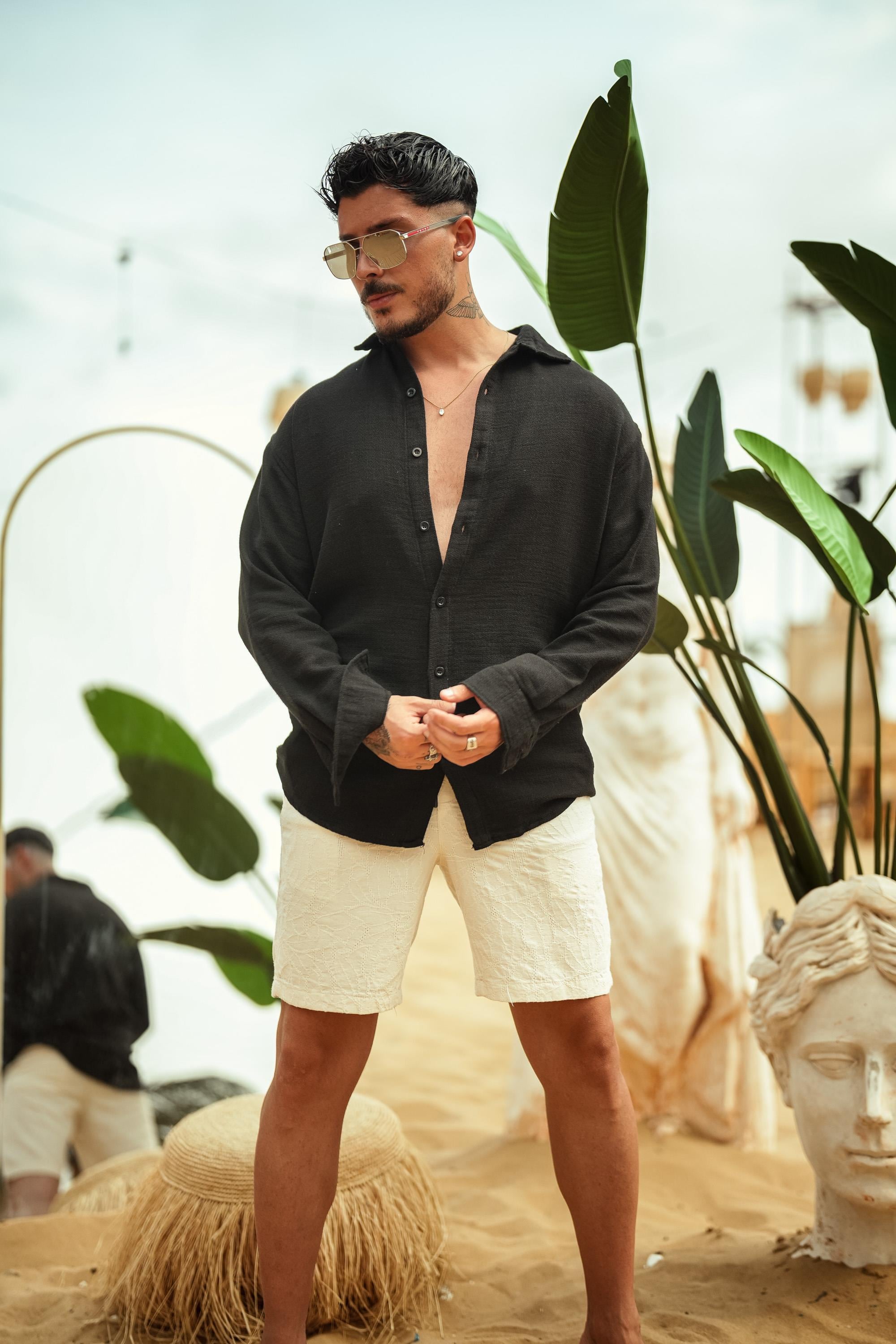 Keten Oval Kesim Oversize Gömlek Siyah