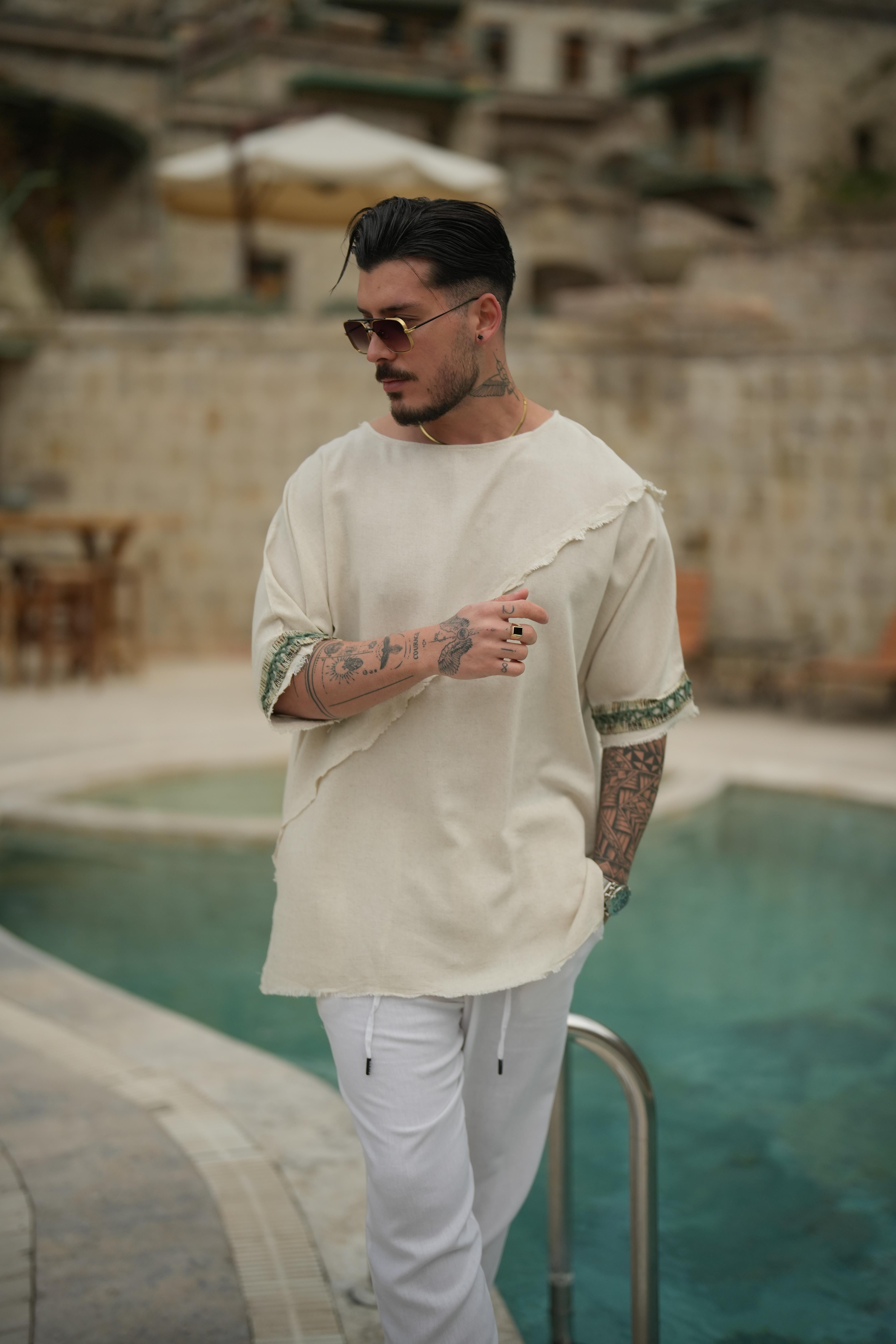 Keten Oversize Kollar Desenli T-Shirt Bej