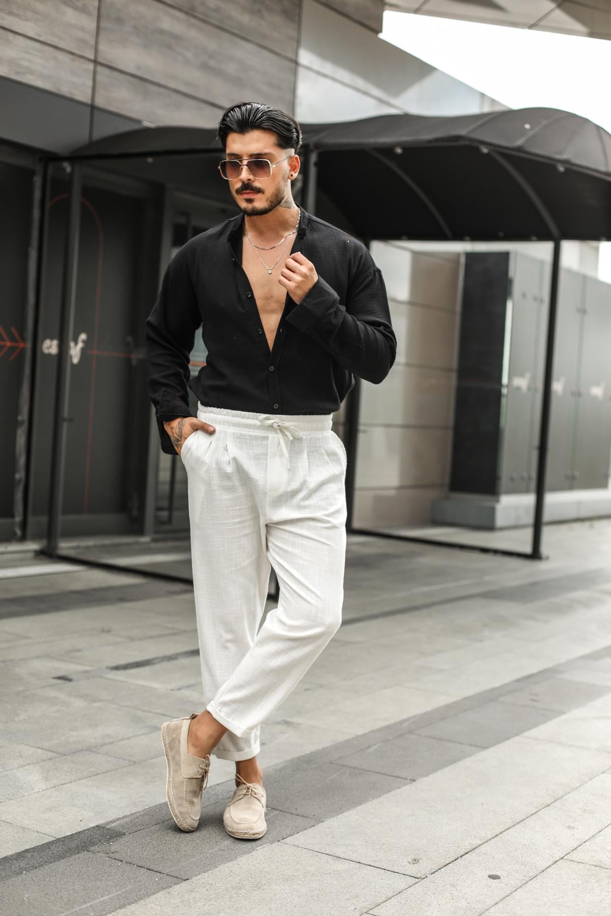 Keten Pileli Bel Bağlamalı Boyfriend Pantolon Beyaz