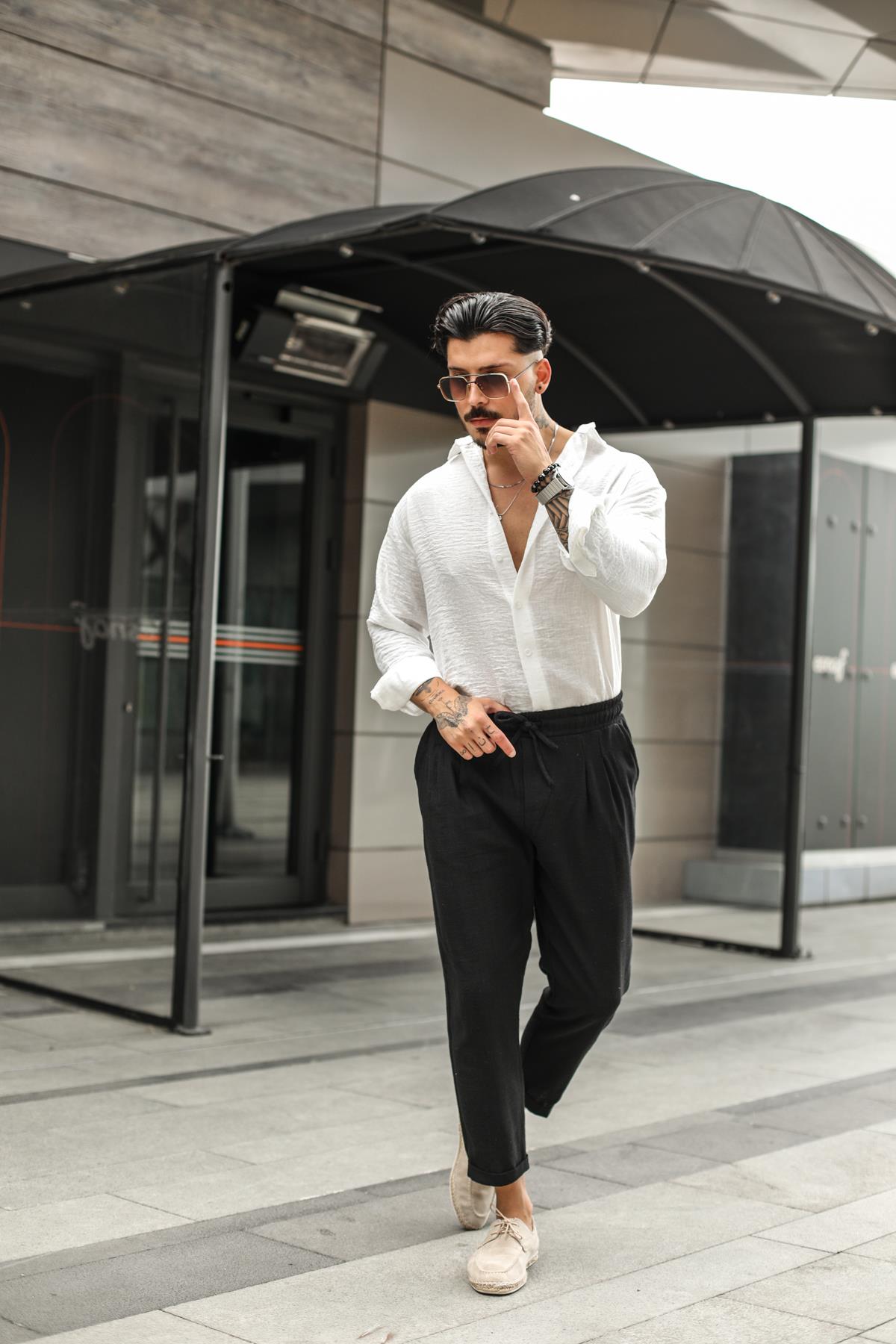 Keten Pileli Bel Bağlamalı Boyfriend Pantolon Siyah