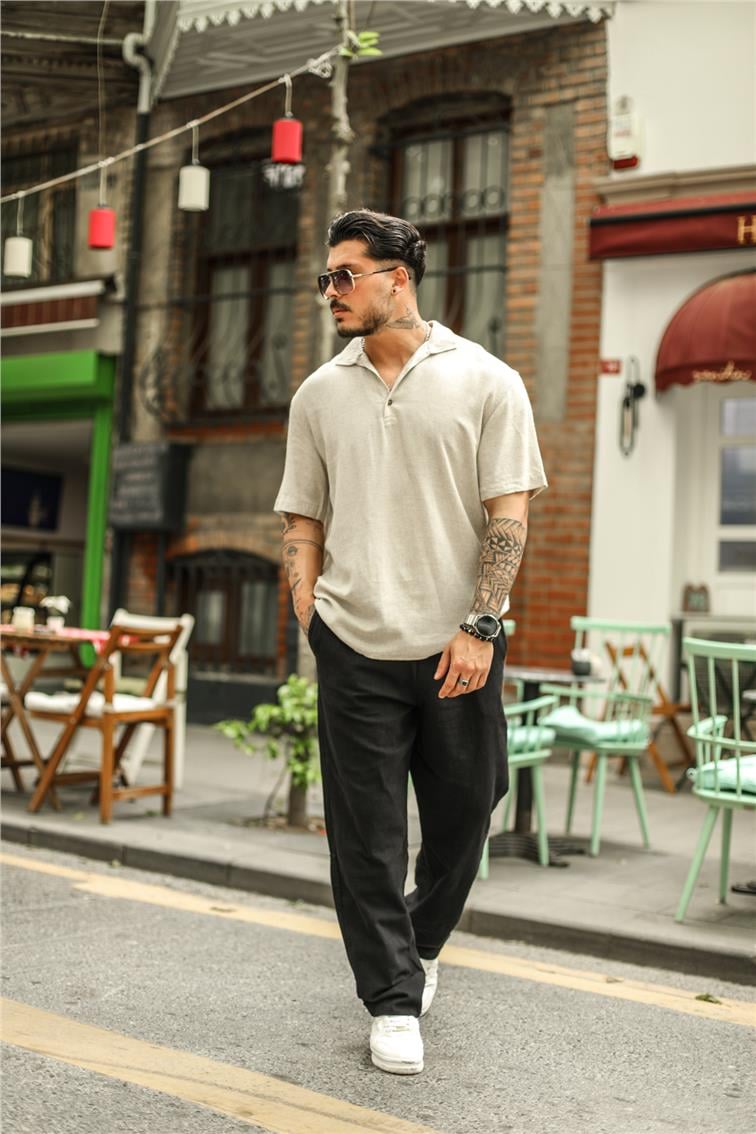 Keten Polo Yaka Oversize T- Shirt Bej