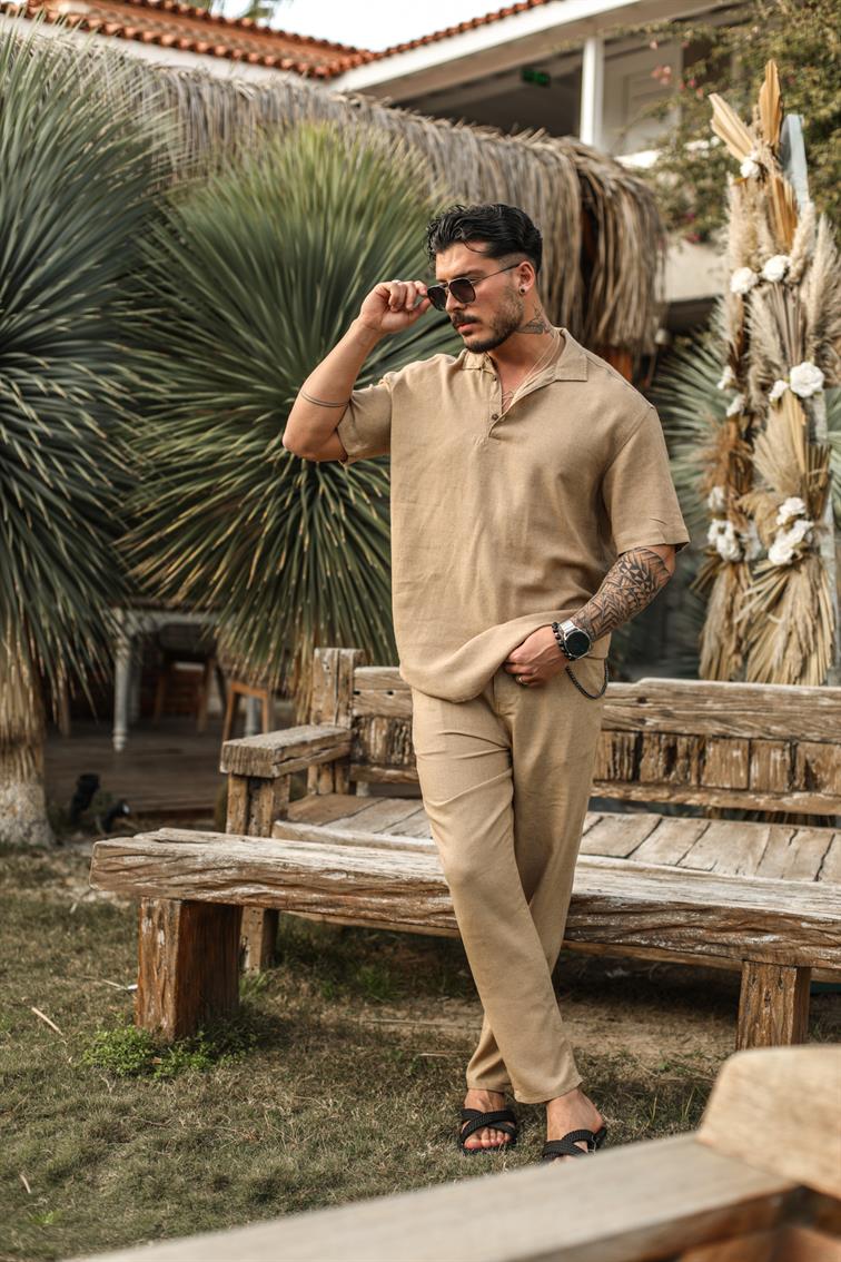 Keten Polo Yaka Oversize T- Shirt Camel