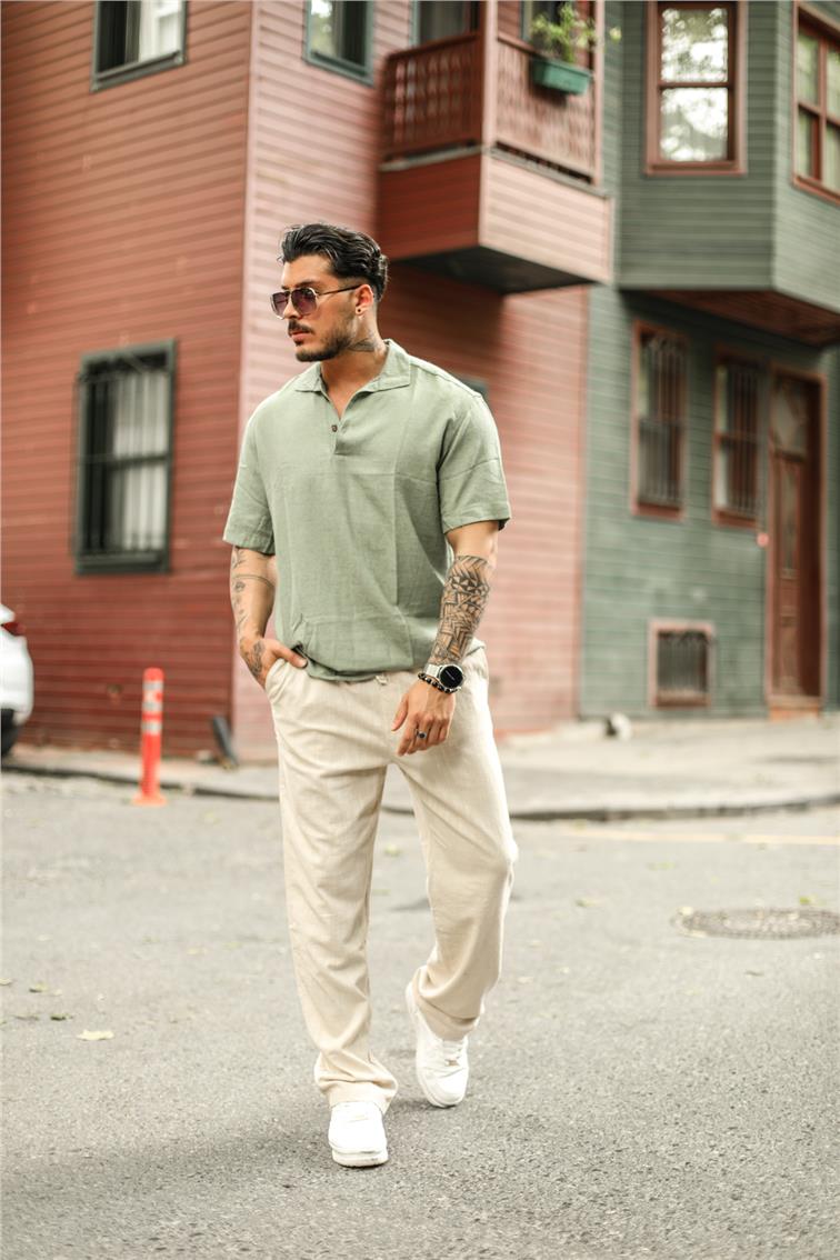 Keten Polo Yaka Oversize T- Shirt Mint