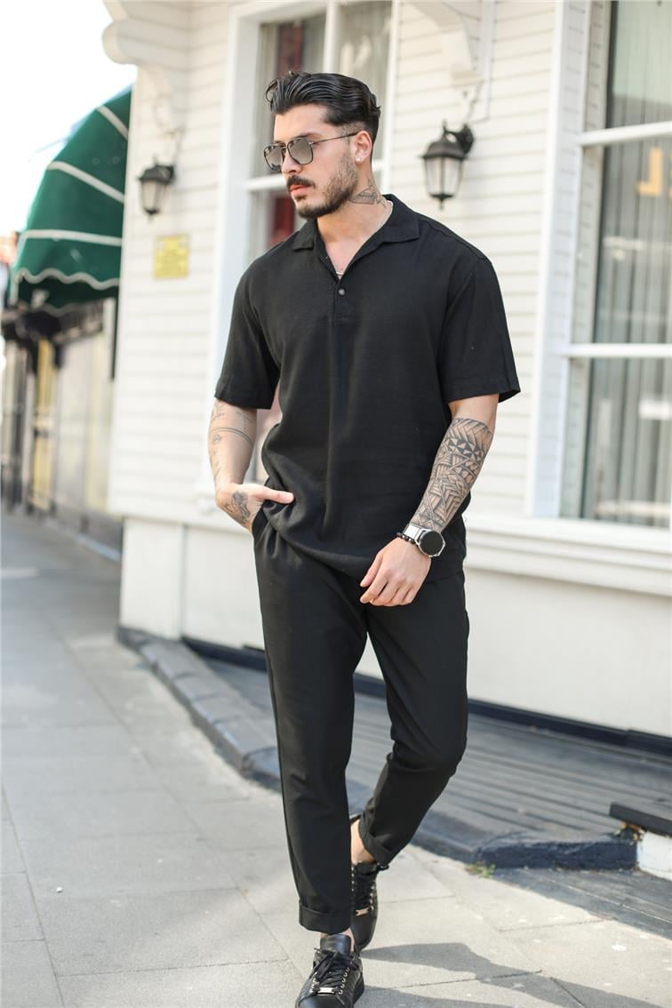 Keten Polo Yaka Oversize T- Shirt Siyah