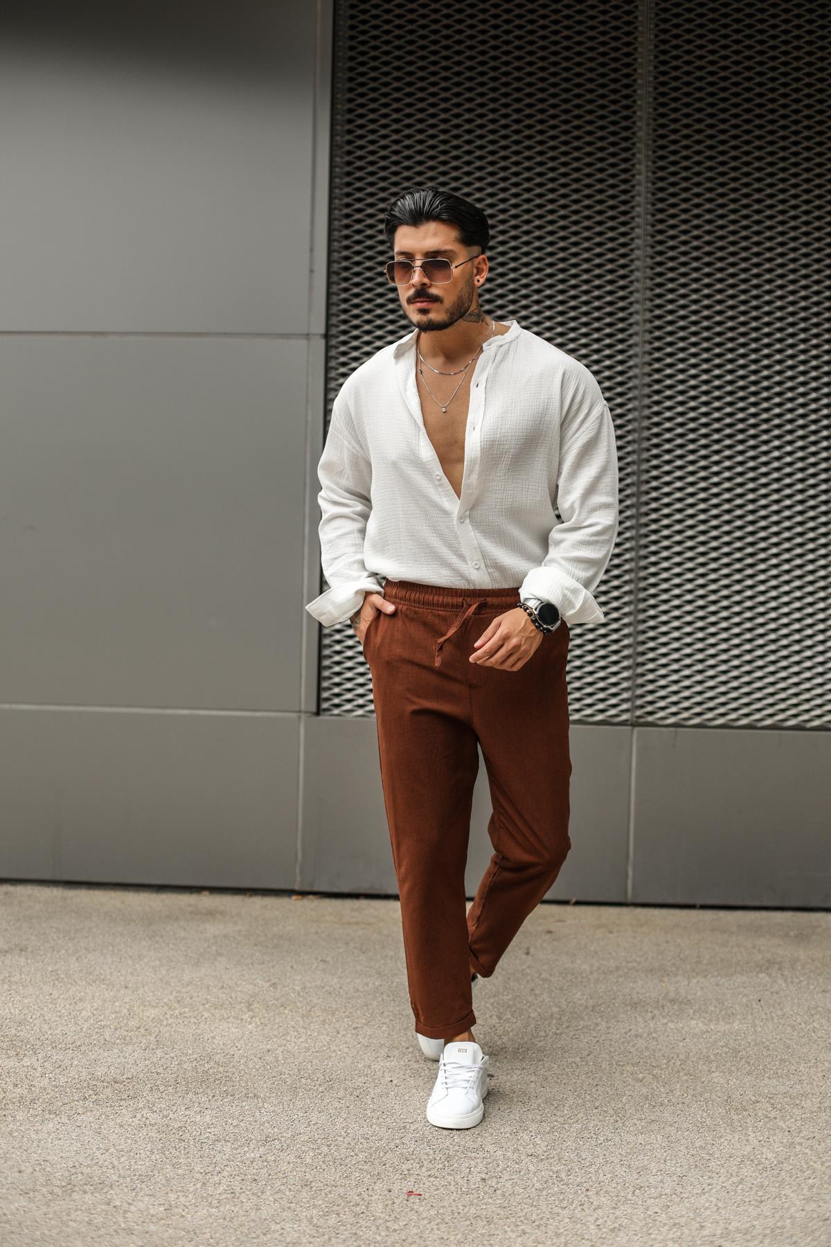 Keten Rahat Boyfriend Pantolon Kahve