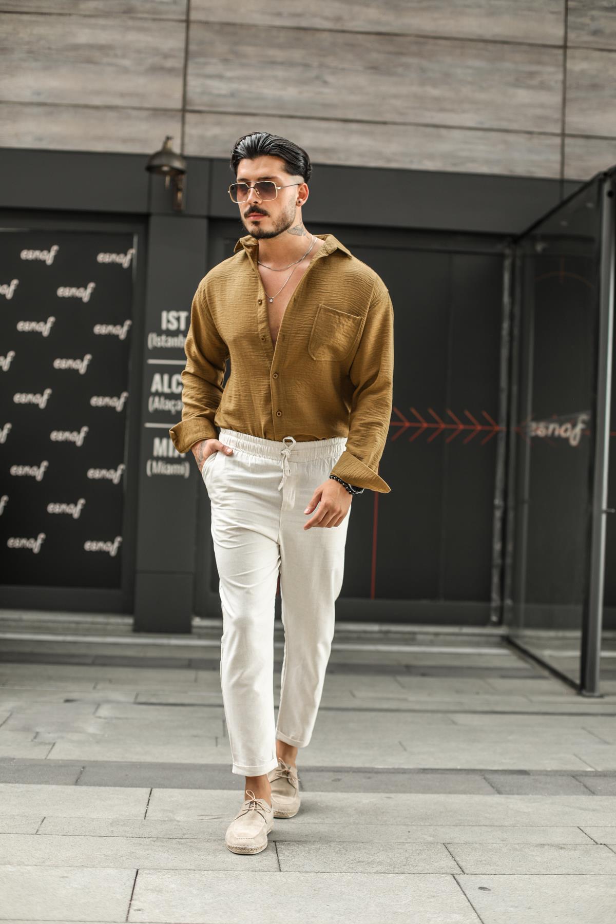 Keten Rahat Boyfriend Pantolon Krem