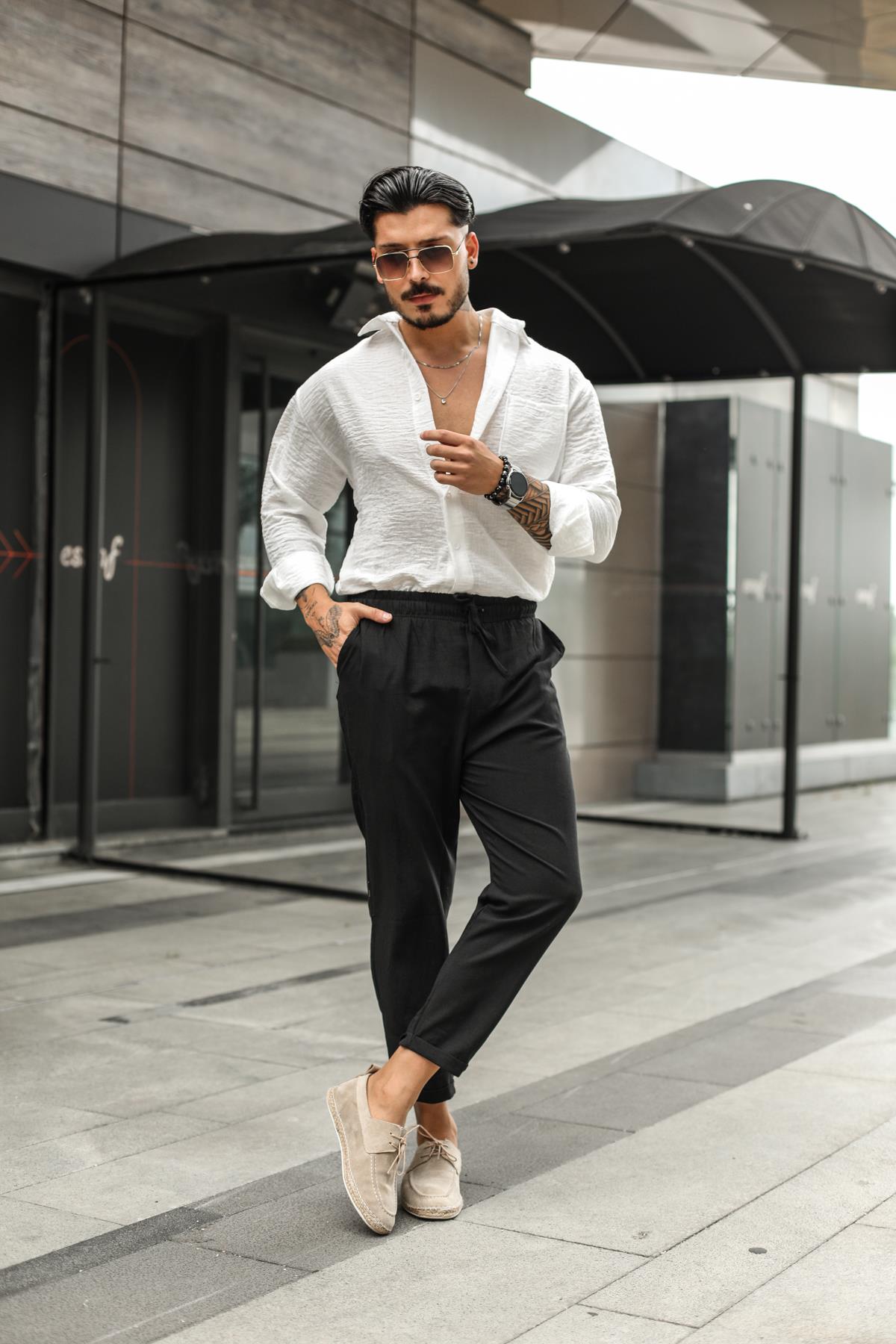 Keten Rahat Boyfriend Pantolon Siyah