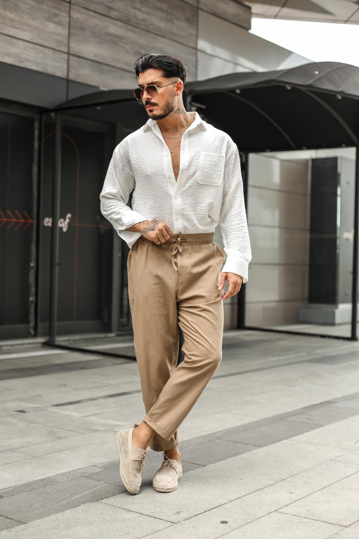 Keten Rahat Boyfriend Pantolon Vizon