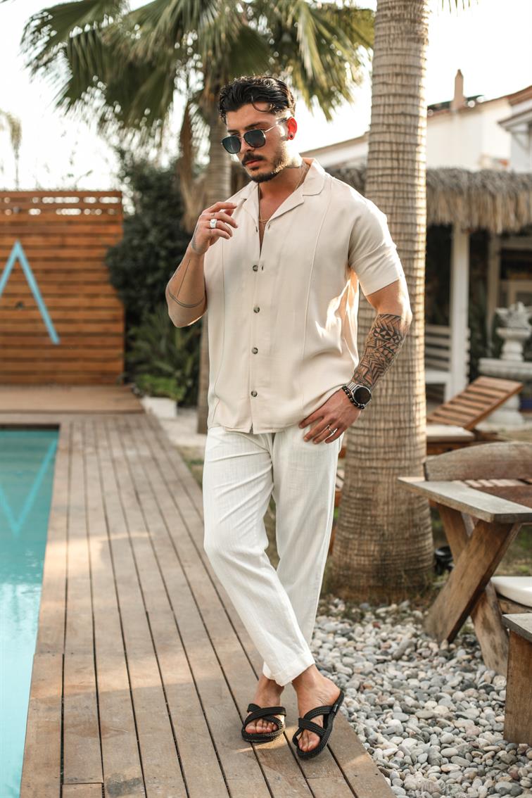 Keten Relax Fit Kısa Kol Gömlek Bej