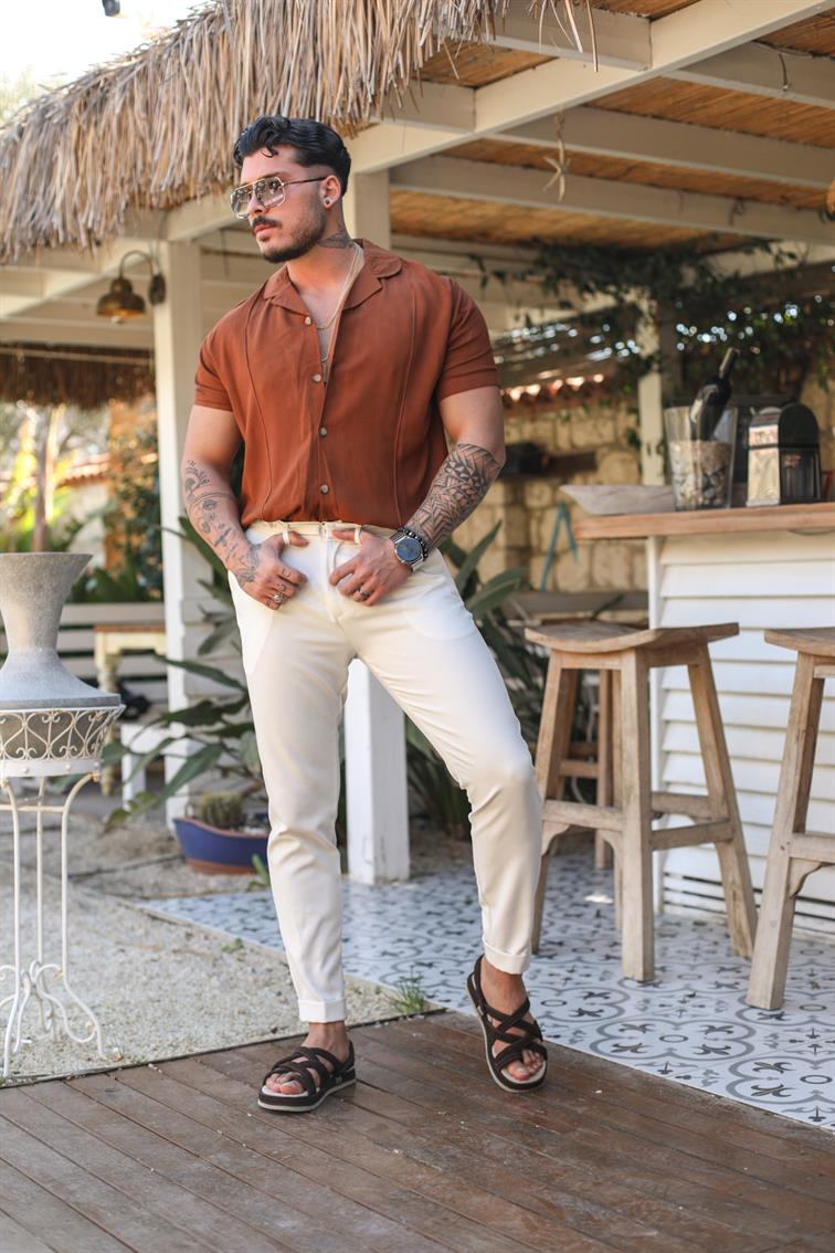 Keten Relax Fit Kısa Kol Gömlek Kahve