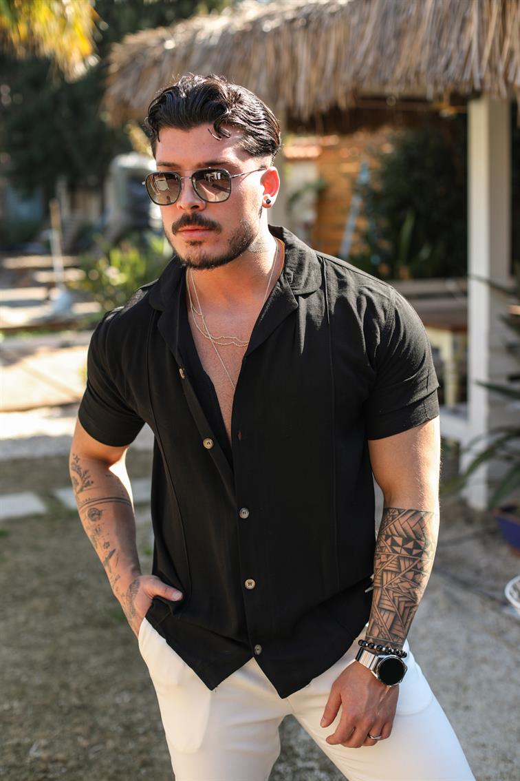 Keten Relax Fit Kısa Kol Gömlek Siyah