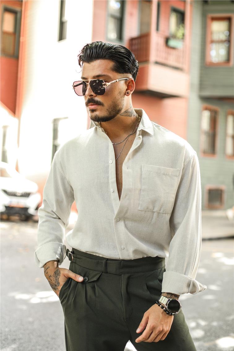 Keten Tek Cepli Oversize Gömlek Bej