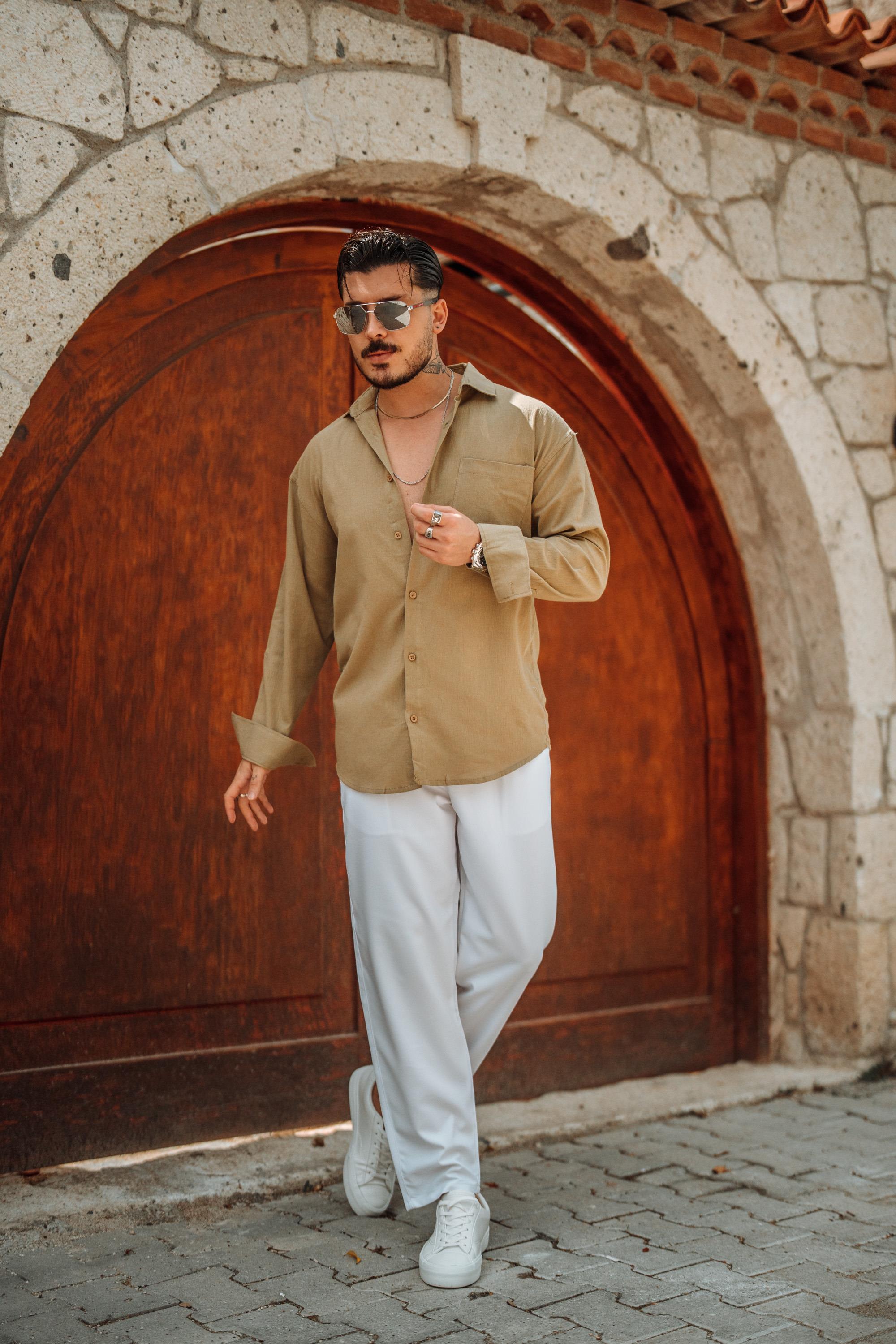 Keten Tek Cepli Oversize  Gömlek Haki