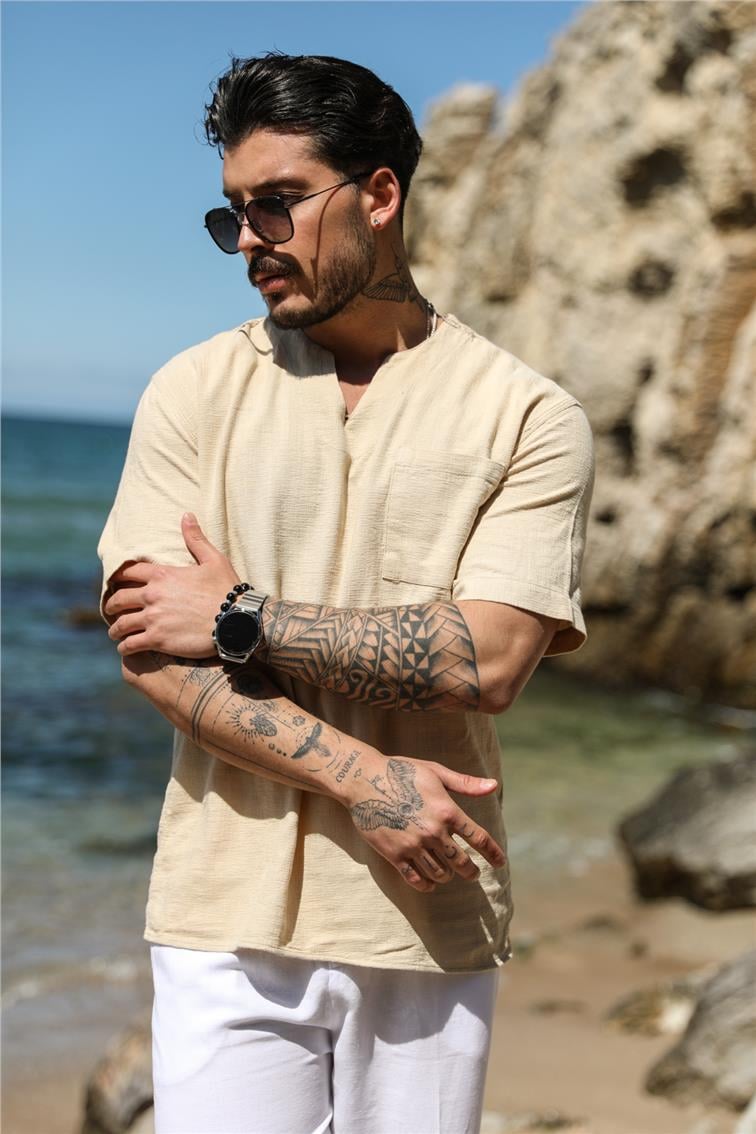 Keten V Yaka Oversize T-Shirt Bej