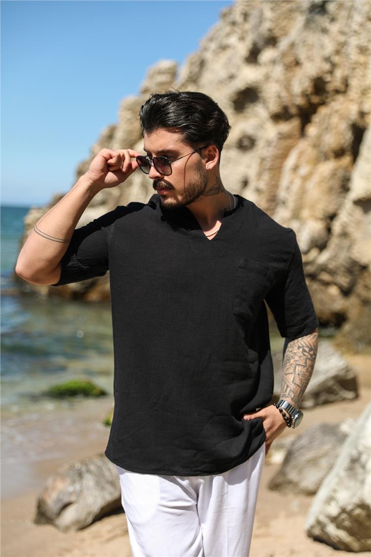 Keten V Yaka Oversize T-Shirt Siyah
