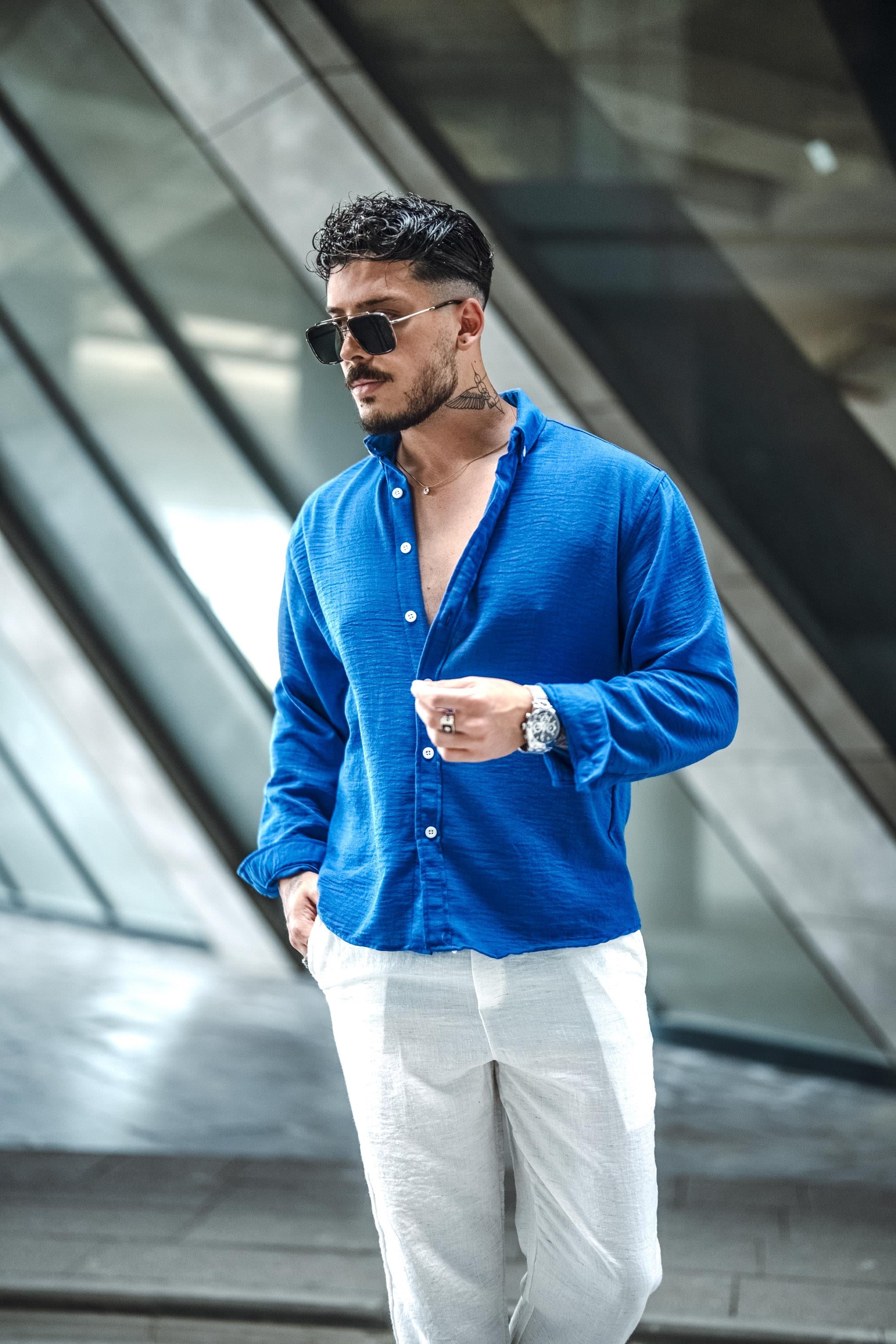 Keten Yaka Düğmeli Oversize Gömlek Koyu Lacivert
