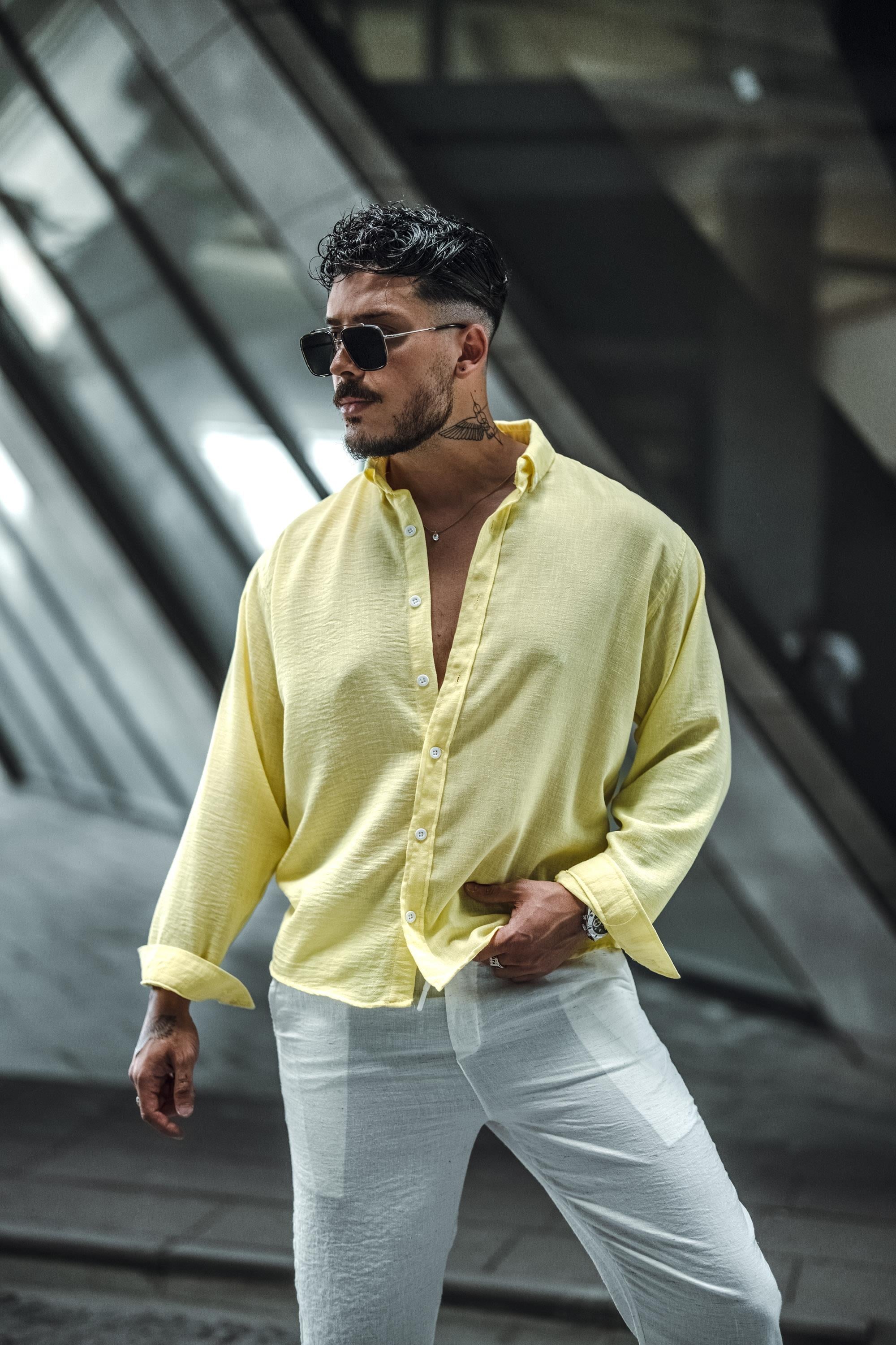 Keten Yaka Düğmeli Oversize Gömlek Sarı